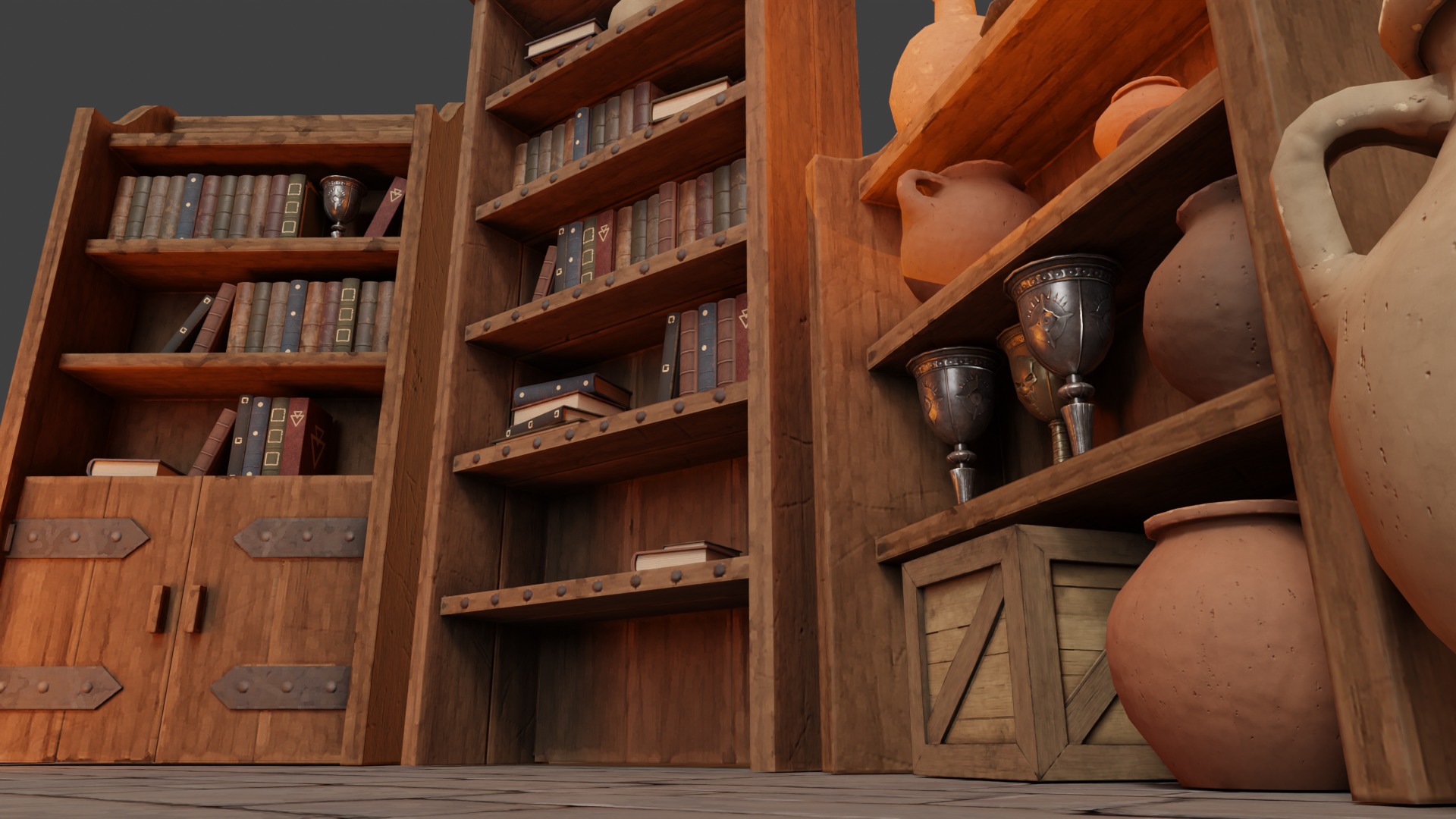 Medieval Props Bookcases - Pack Low-poly 3D model_9