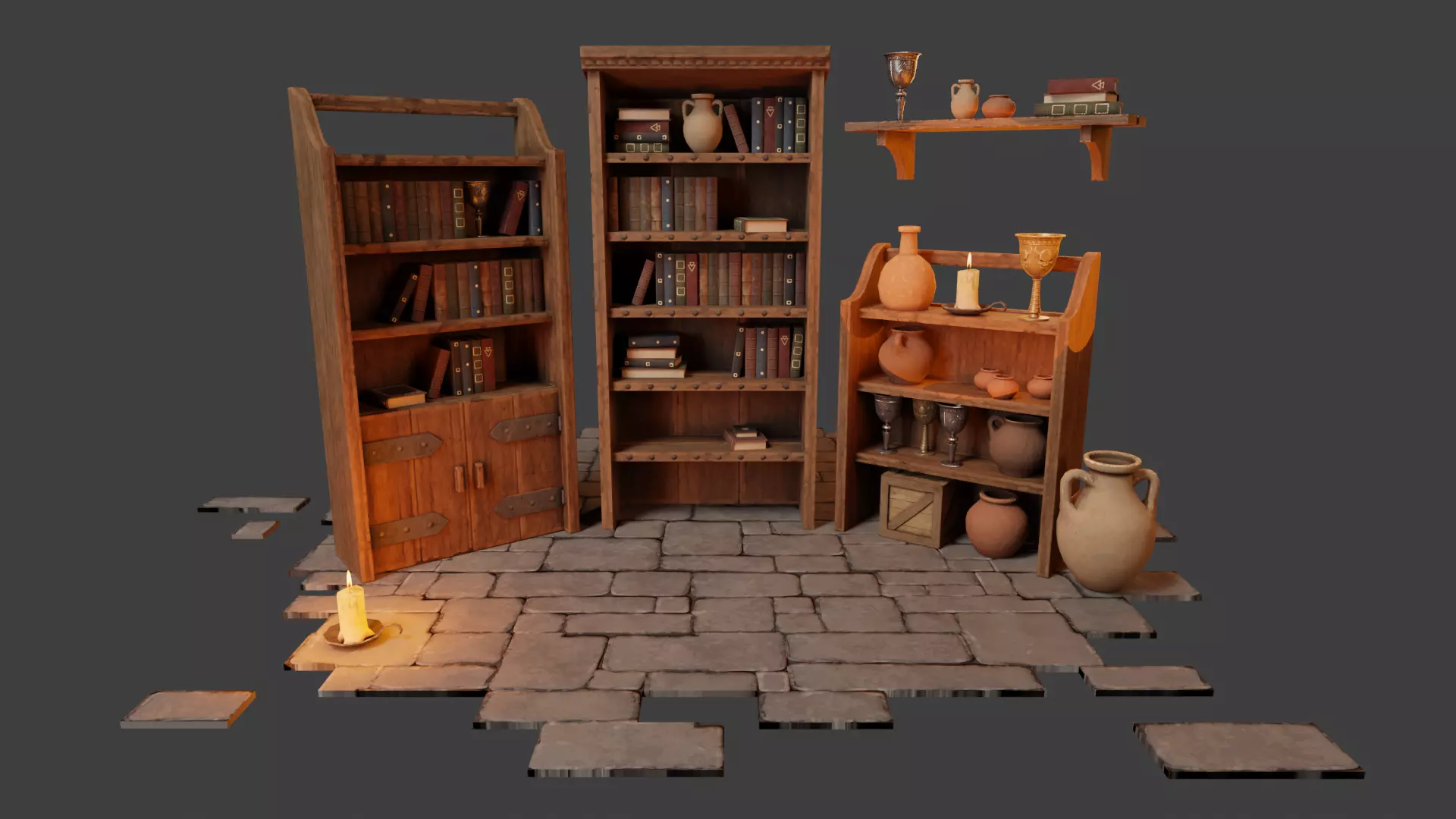 Medieval Props Bookcases - Pack Low-poly 3D model_0