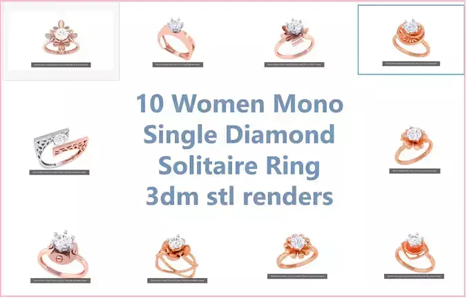 10 Women Mono Single Diamond Solitaire Ring 3dm stl renders 3D Model Collection