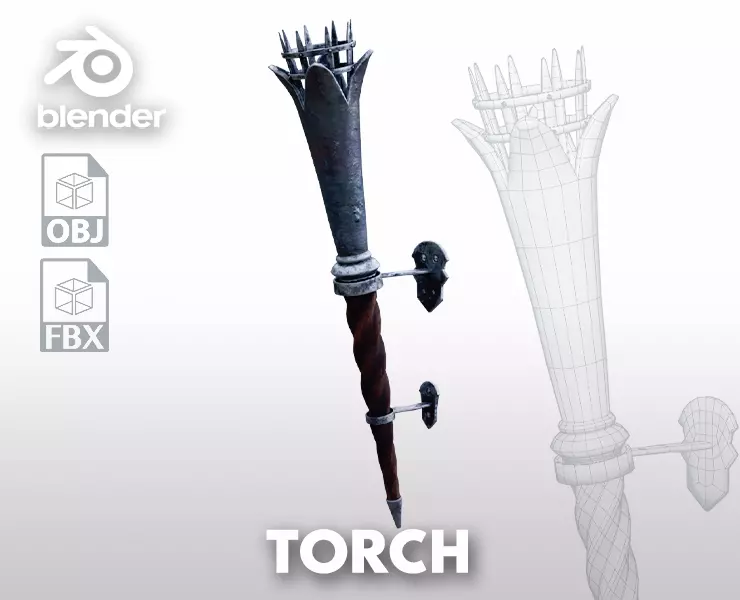 Torch medieval Prop PBR Free low-poly 3D model_0