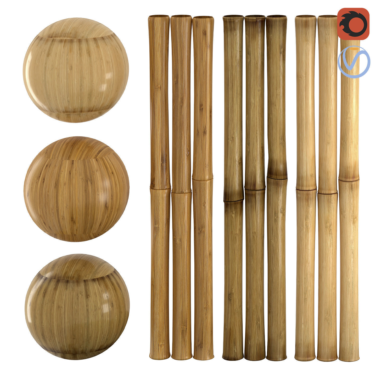 3 Realistic bamboo materials set Low-poly 3D model_1