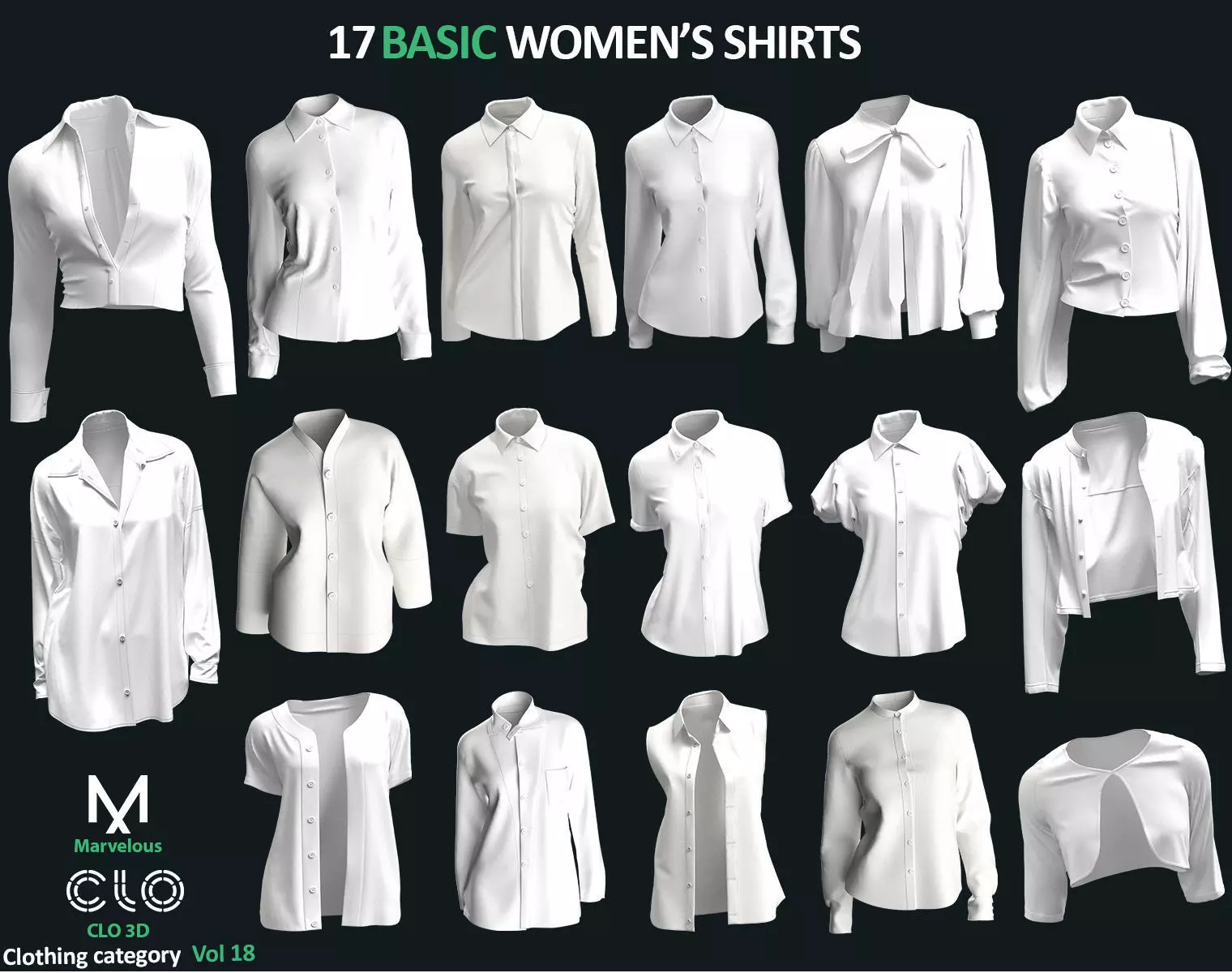 17 BASIC WOMENS SHIRTS  ZPRJ OBJ FBX  Marvelous Designer CLO3D 3D model_0