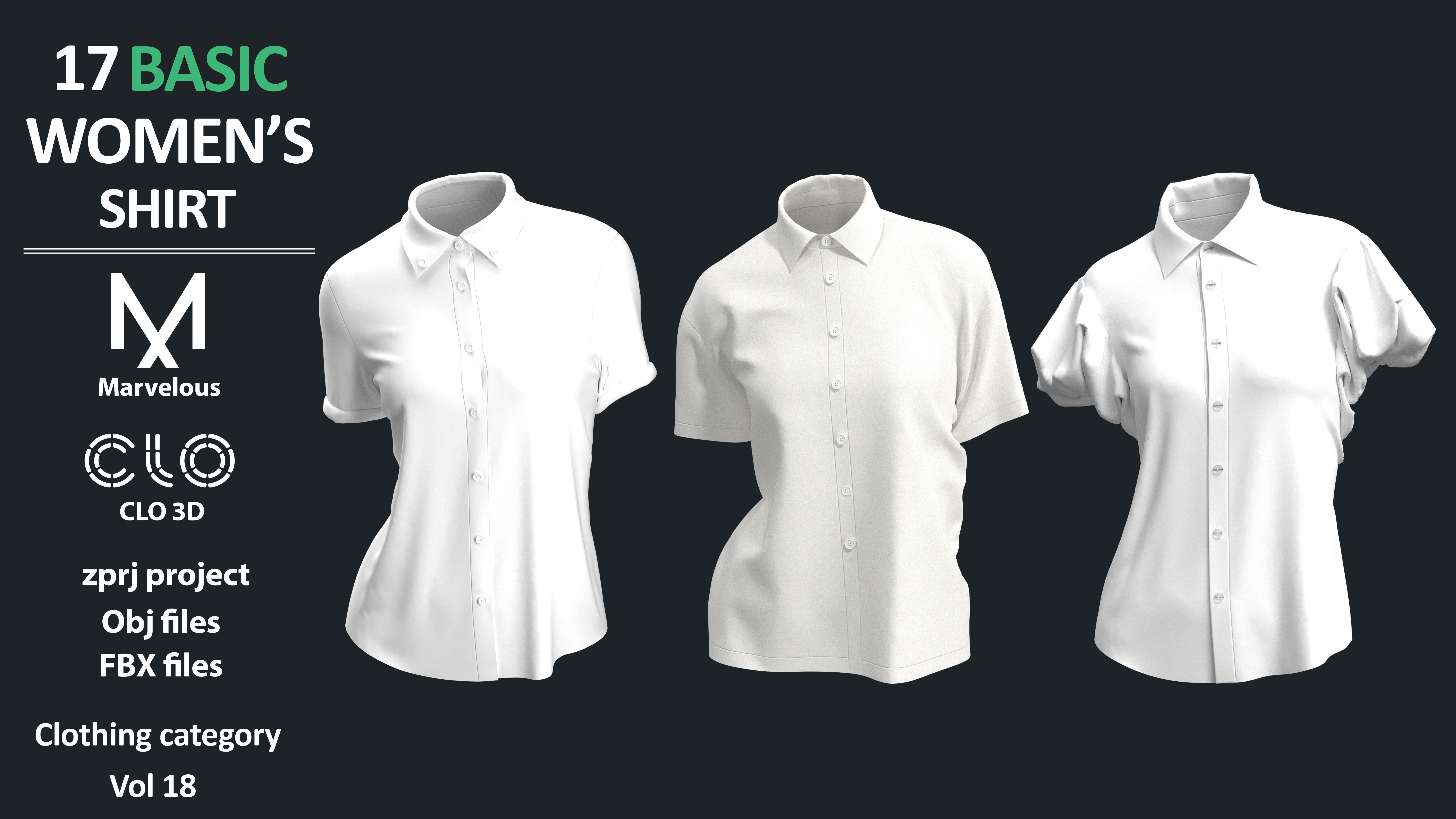 17 BASIC WOMENS SHIRTS  ZPRJ OBJ FBX  Marvelous Designer CLO3D 3D model_2