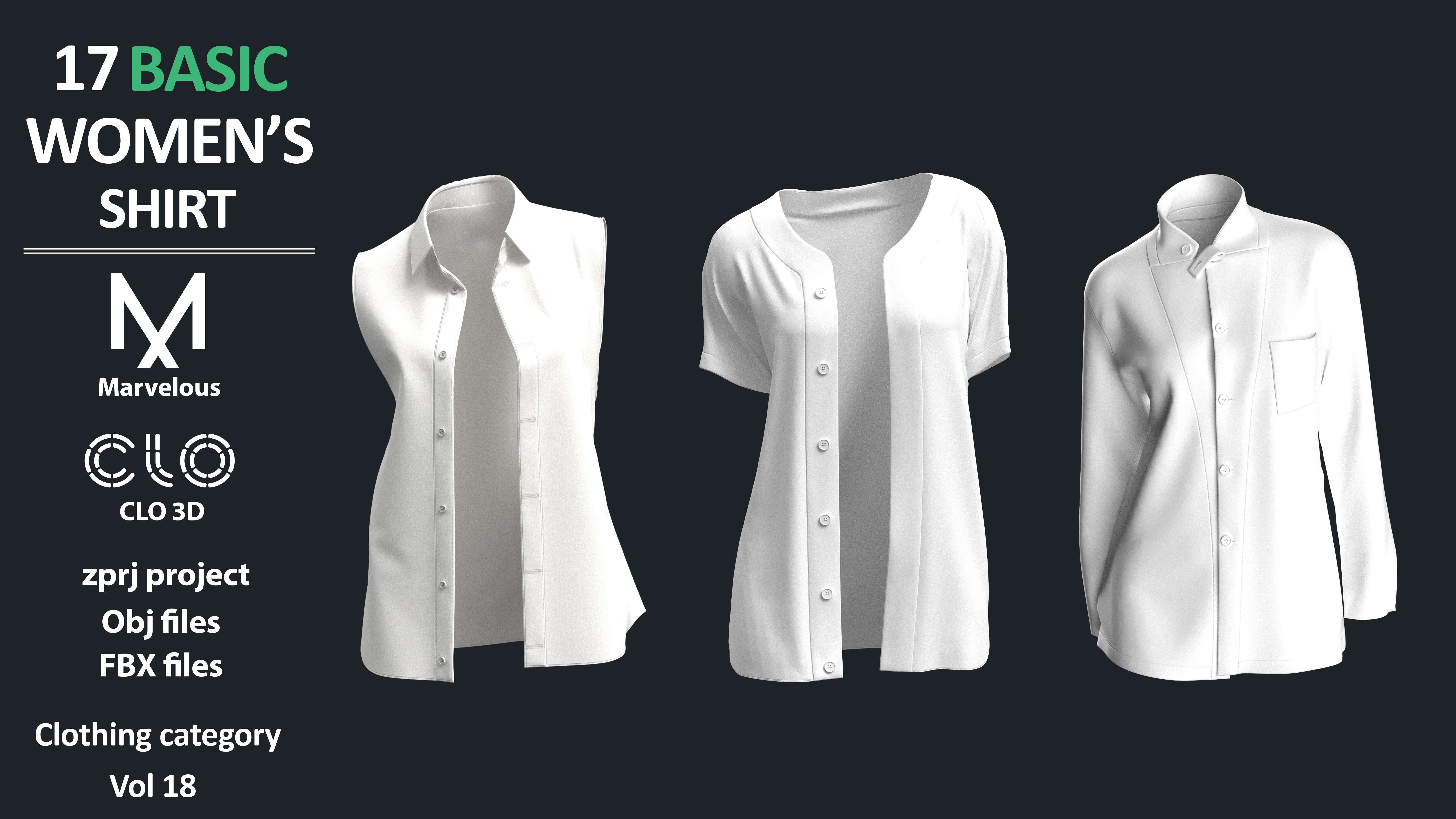 17 BASIC WOMENS SHIRTS  ZPRJ OBJ FBX  Marvelous Designer CLO3D 3D model_5