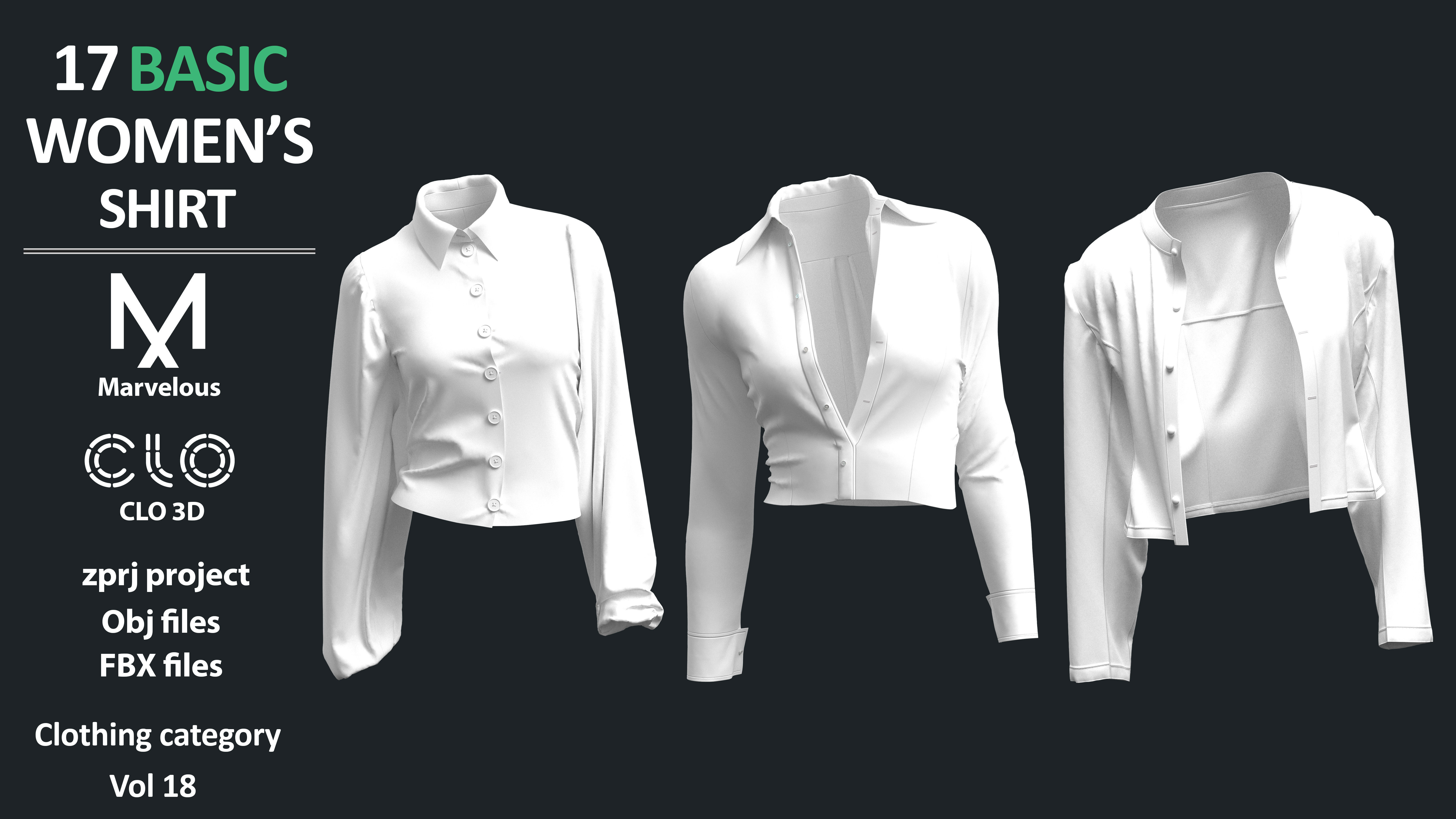 17 BASIC WOMENS SHIRTS  ZPRJ OBJ FBX  Marvelous Designer CLO3D 3D model_1
