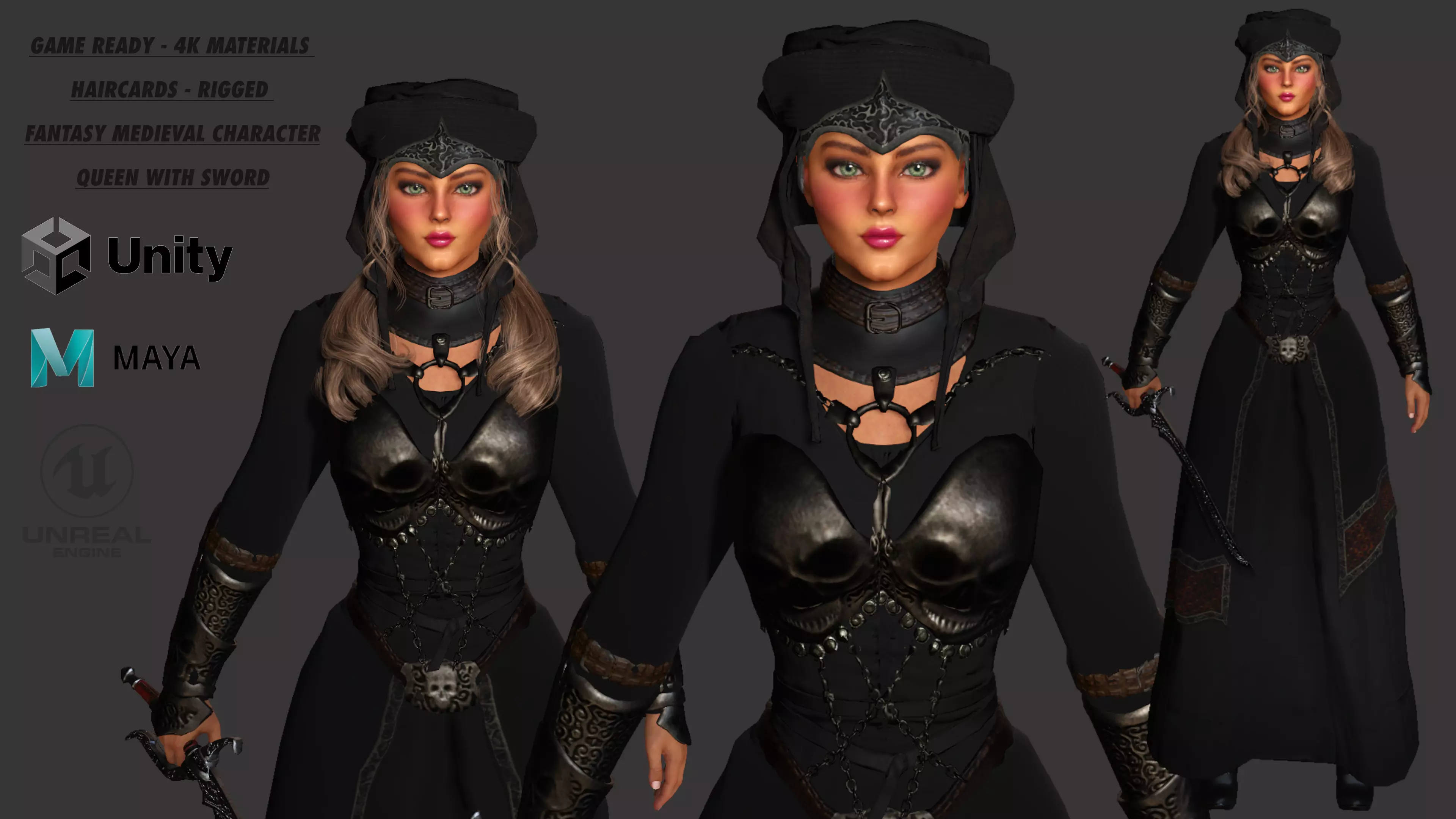 AAA 3D REALISTIC FANTASY MEDIEVAL CHARACTER - QUEEN WITH SWORD Low-poly 3D model_0