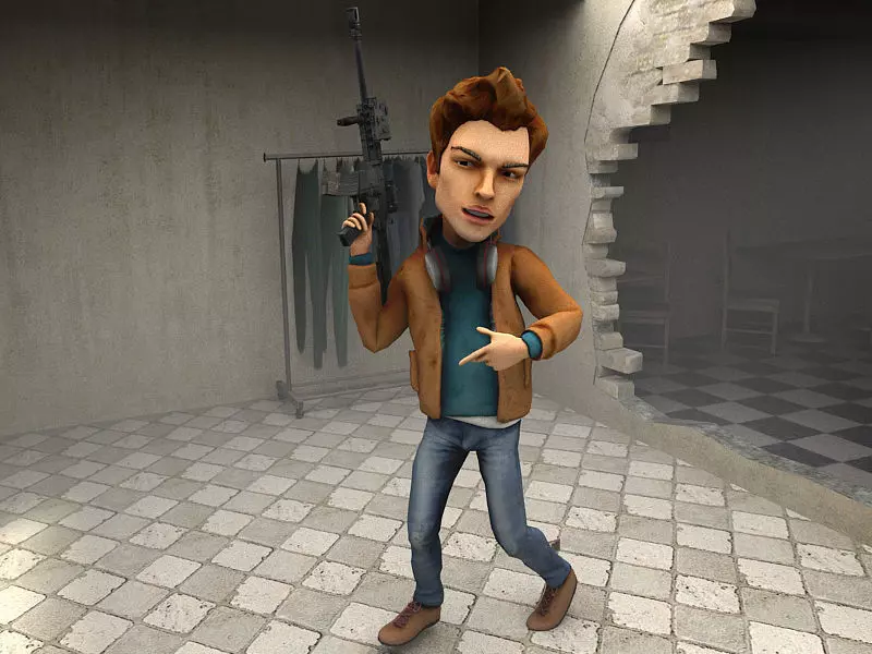 DandeLion cartoon character holding gun Low-poly 3D model_0