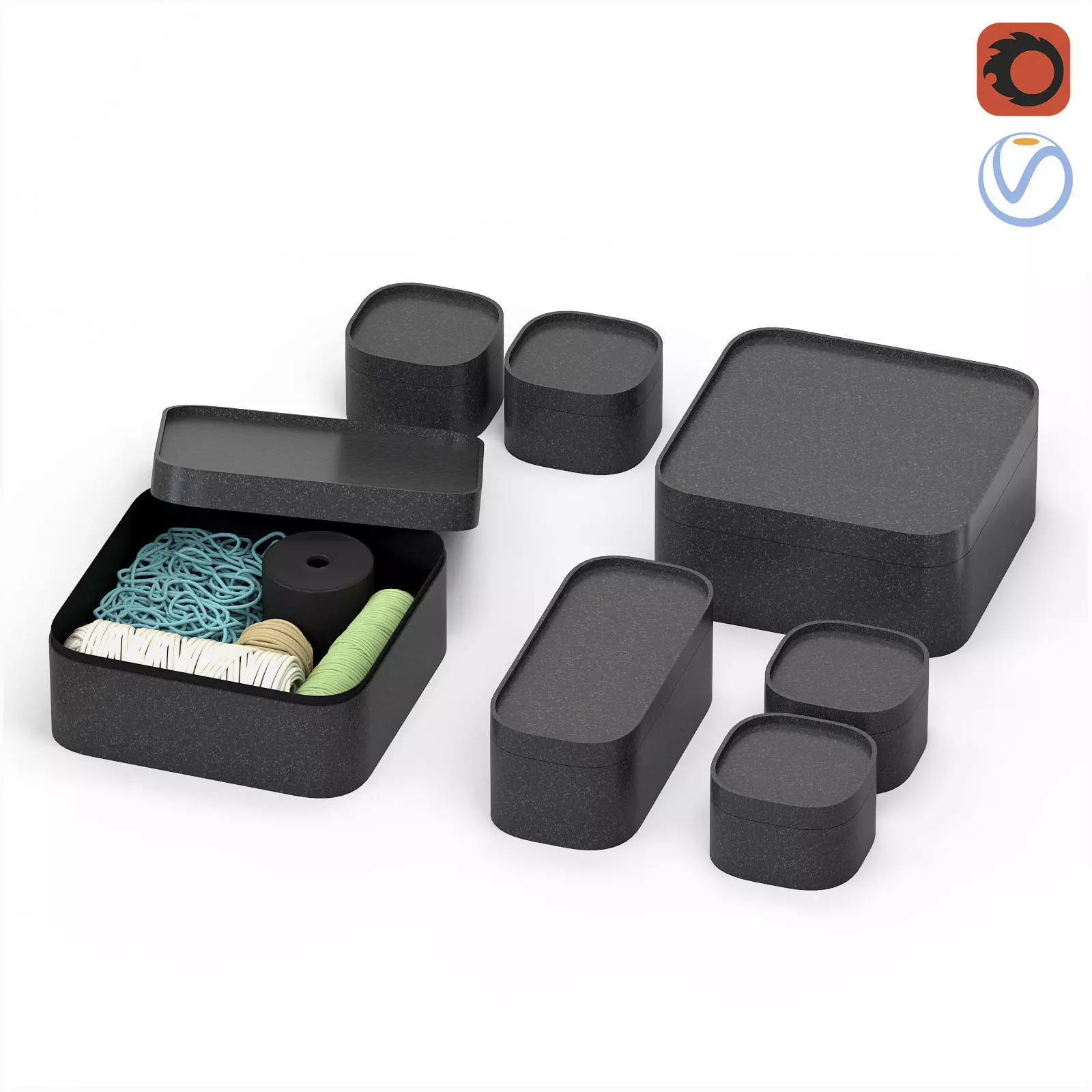 black plastic sewing kit organizer in boxes 3D model