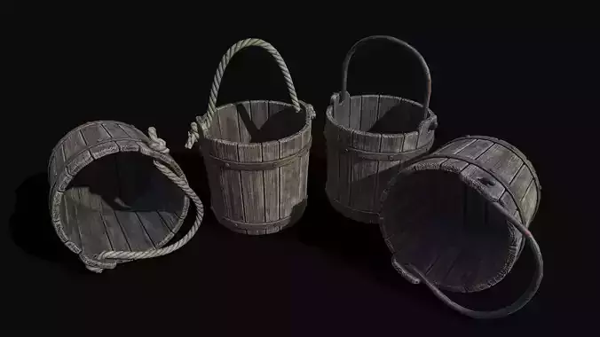 Low Poly PBR Old Wooden Bucket