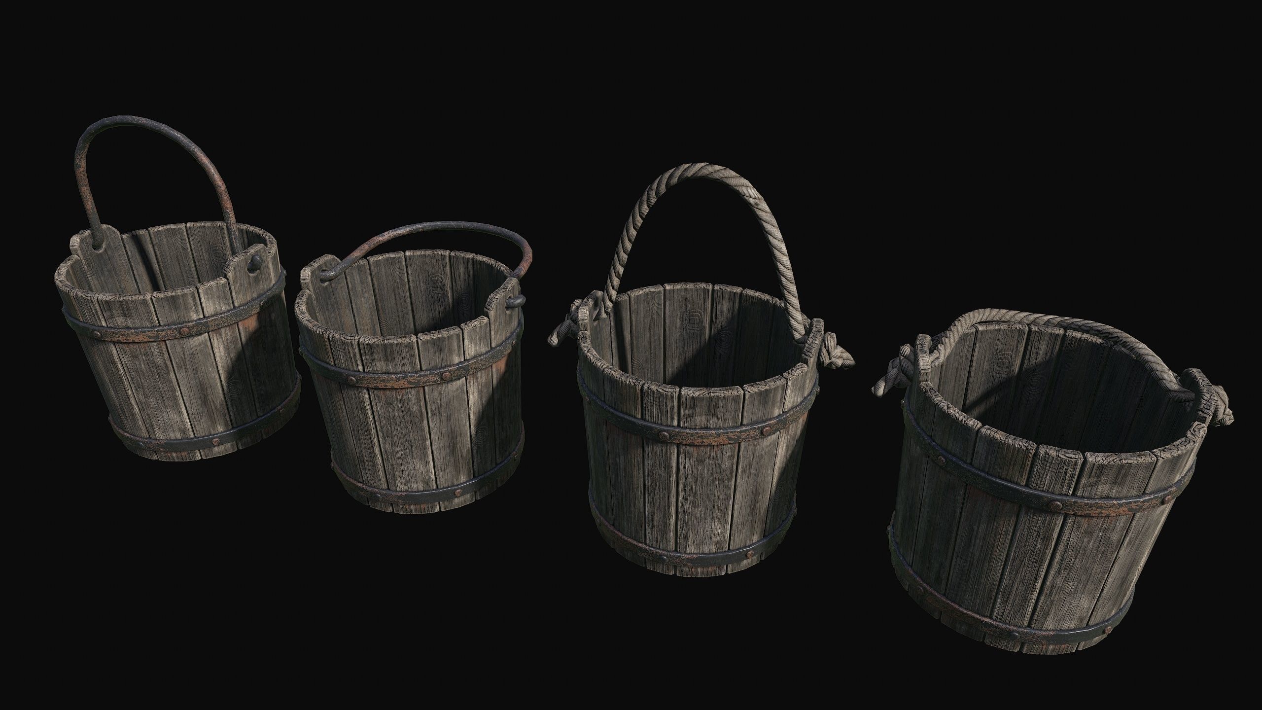 Low Poly PBR Old Wooden Bucket Low-poly 3D model_4