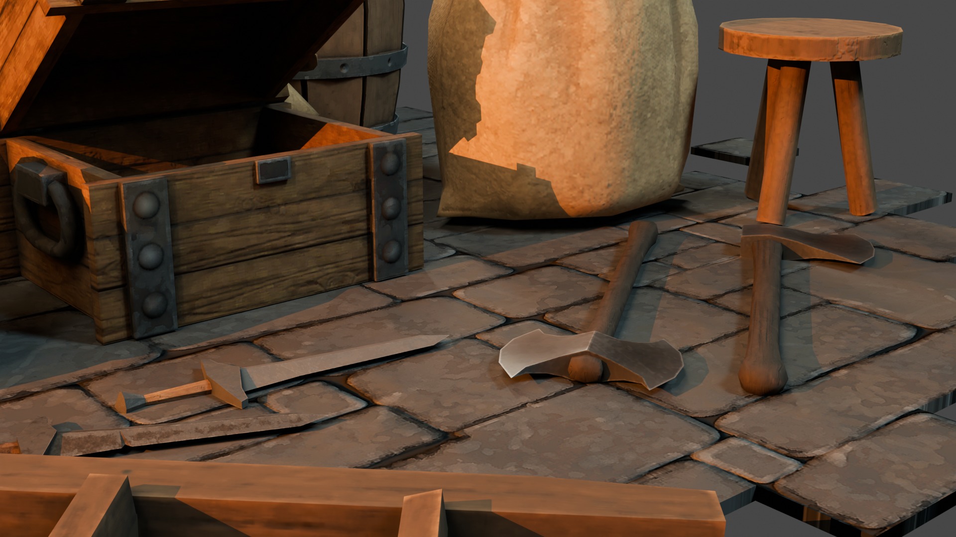 Medieval Props Burlap Sacks And Weapons - Pack Low-poly 3D model_7