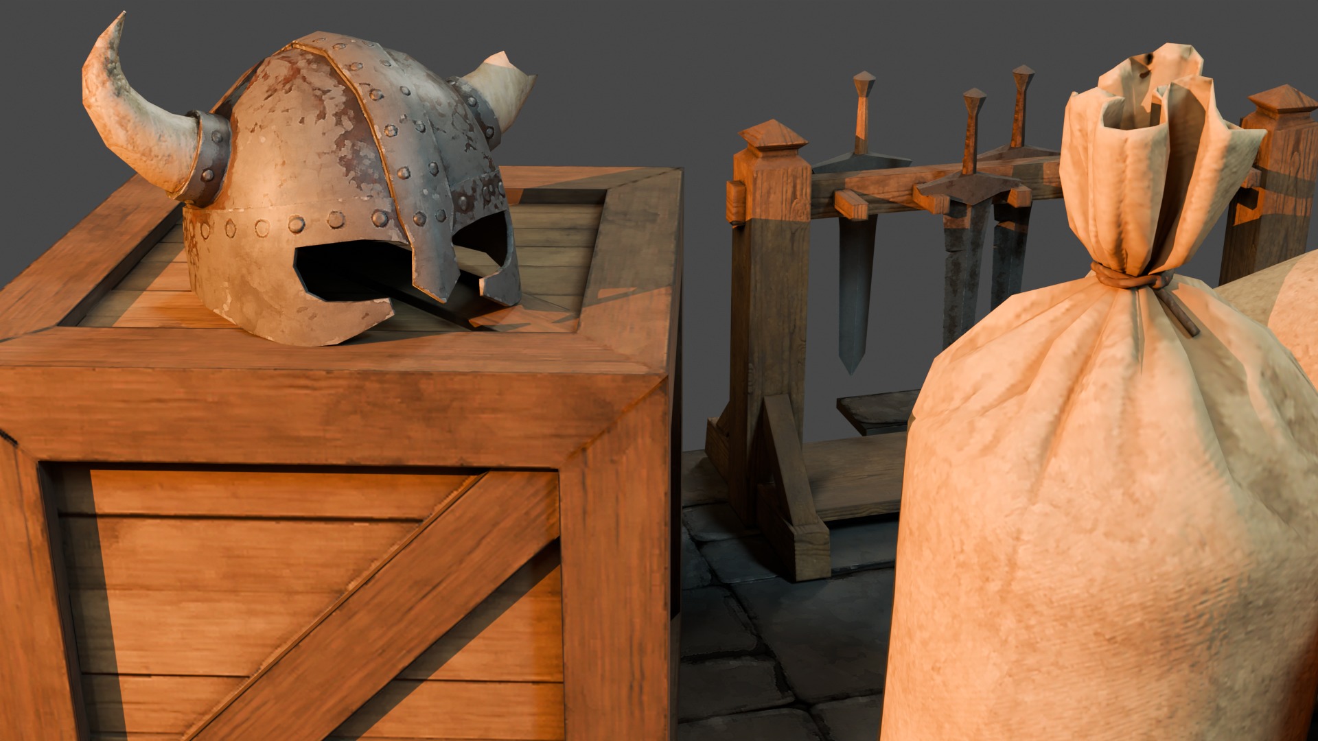 Medieval Props Burlap Sacks And Weapons - Pack Low-poly 3D model_5
