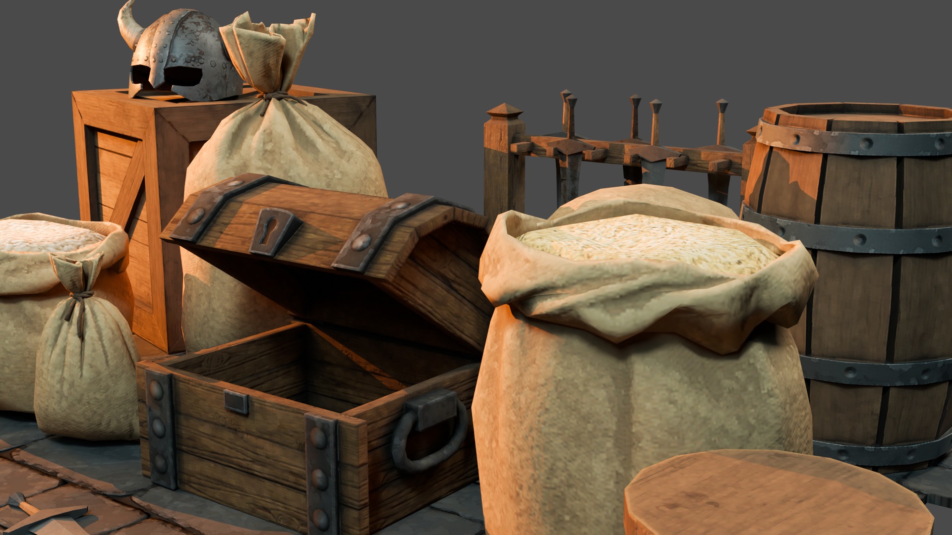 Medieval Props Burlap Sacks And Weapons - Pack Low-poly 3D model_3