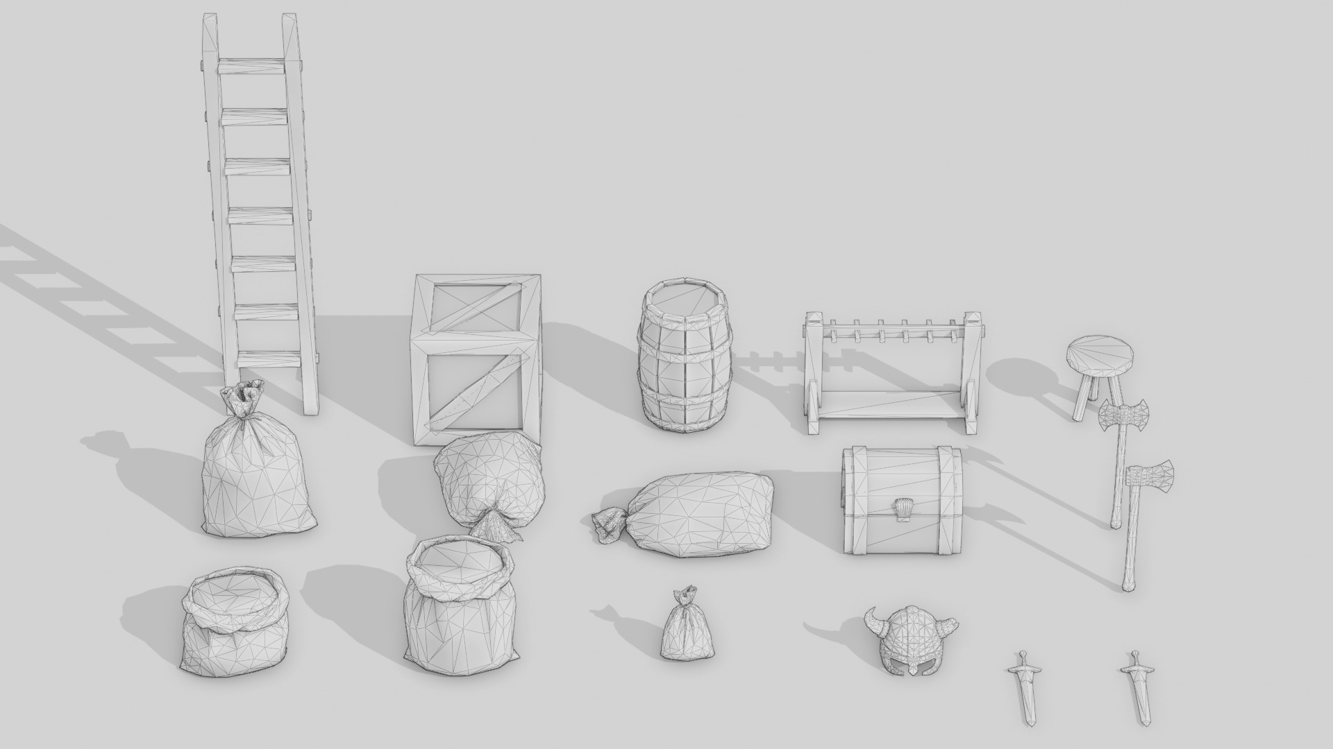 Medieval Props Burlap Sacks And Weapons - Pack Low-poly 3D model_14