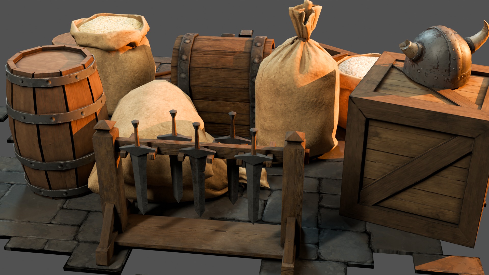 Medieval Props Burlap Sacks And Weapons - Pack Low-poly 3D model_11