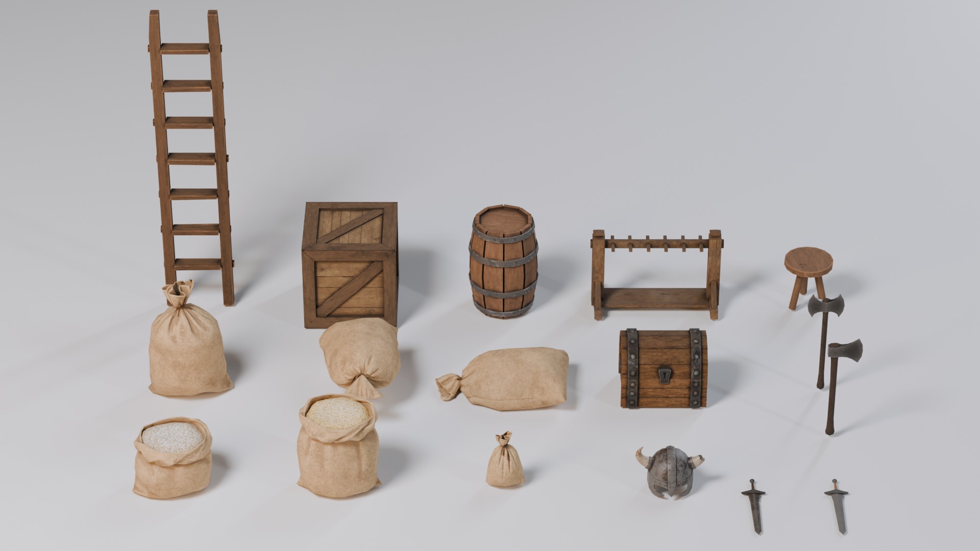 Medieval Props Burlap Sacks And Weapons - Pack Low-poly 3D model_13