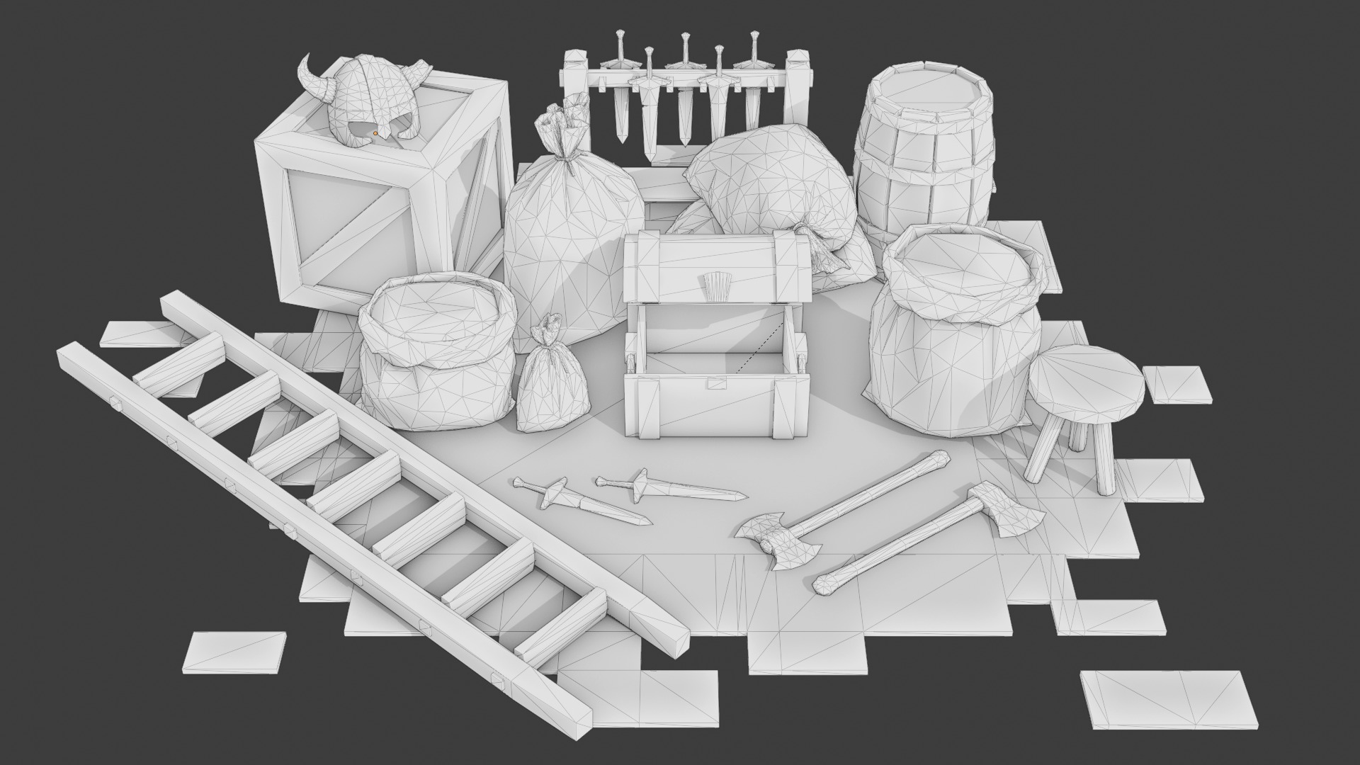 Medieval Props Burlap Sacks And Weapons - Pack Low-poly 3D model_2