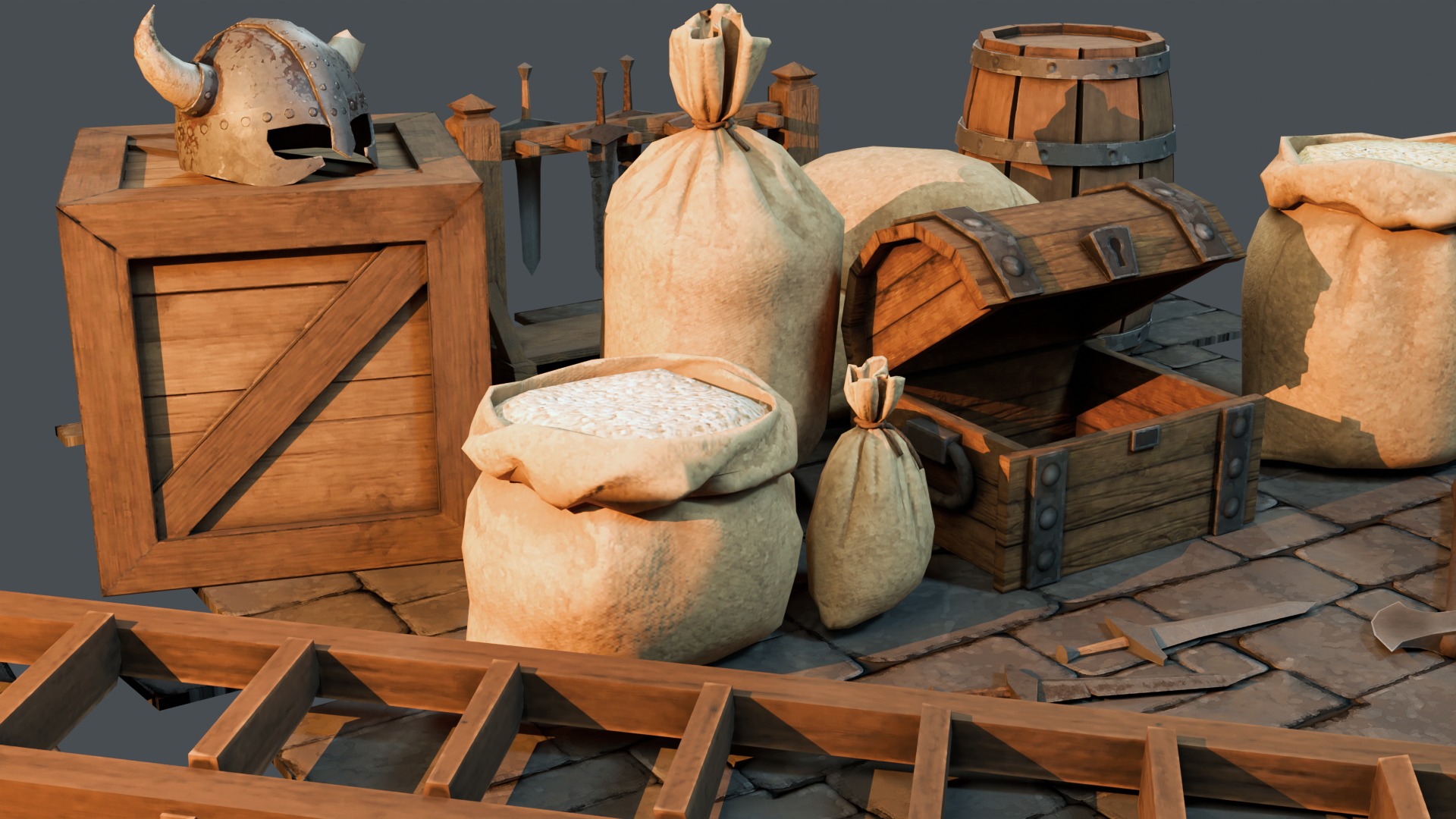Medieval Props Burlap Sacks And Weapons - Pack Low-poly 3D model_9