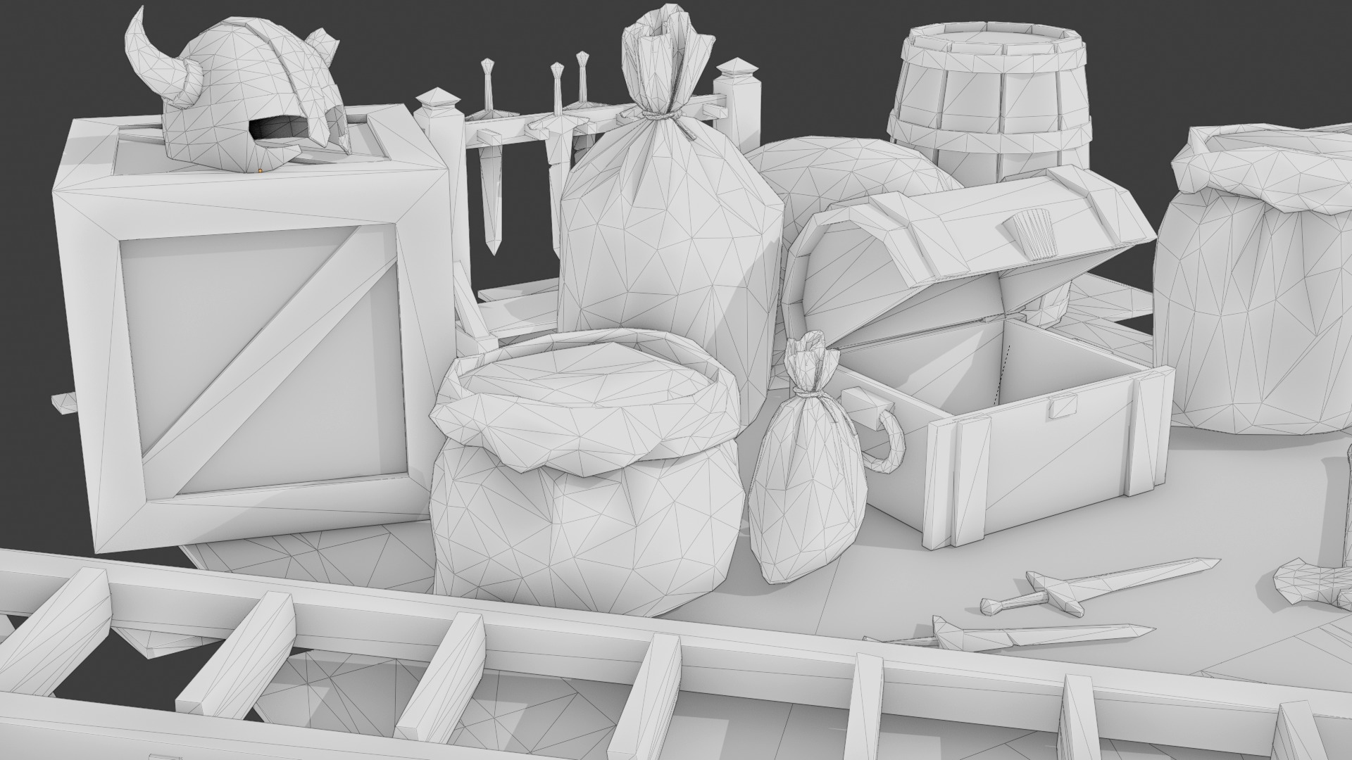 Medieval Props Burlap Sacks And Weapons - Pack Low-poly 3D model_10