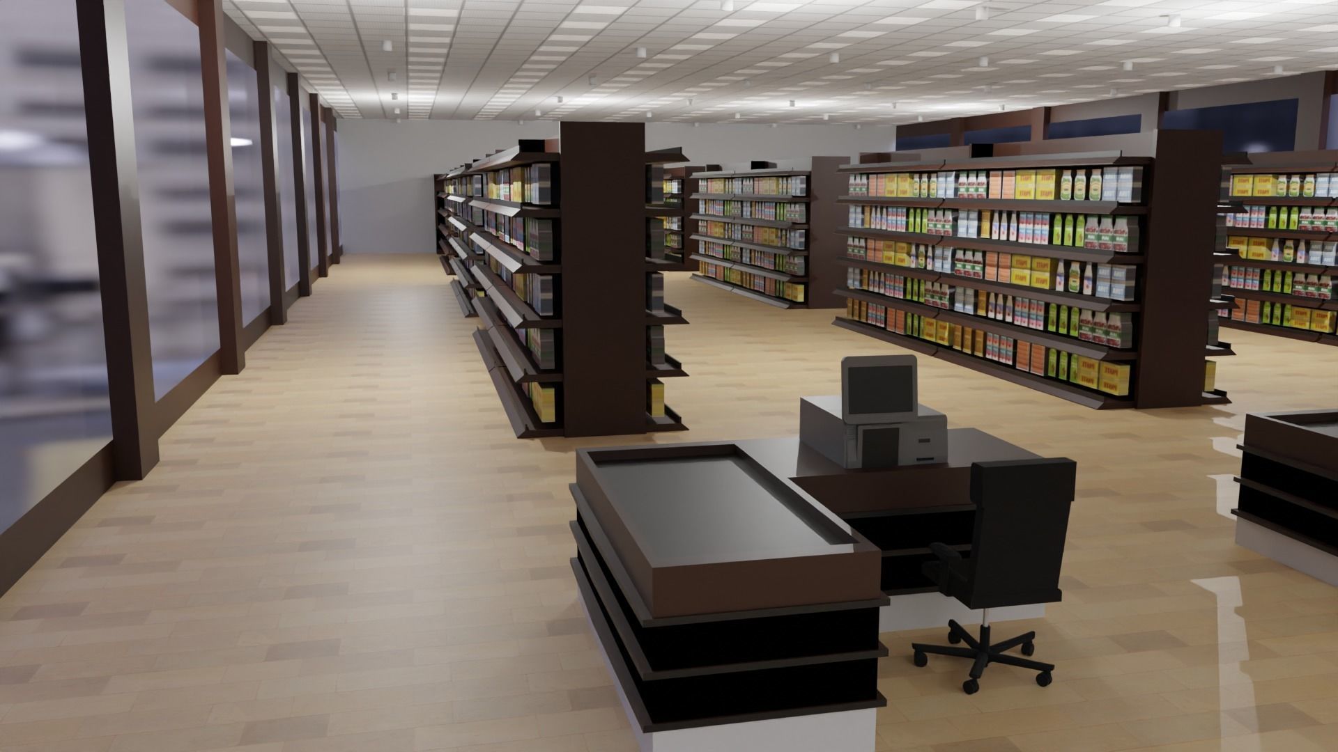 Supermarket interior Low-poly 3D model_1