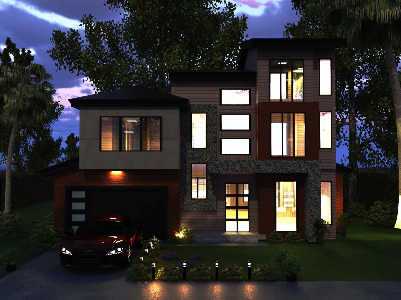 Modern Luxury house Exterior 3D model with environment and a Car Low-poly 3D model_2