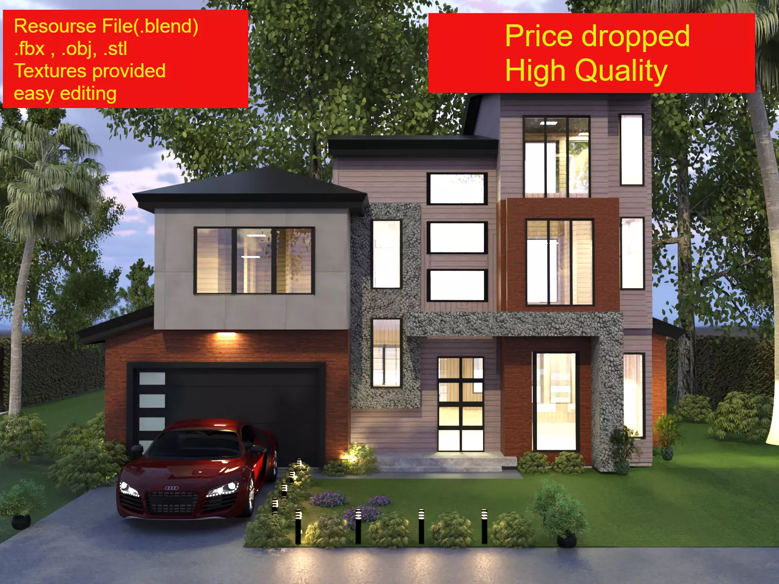 Modern Luxury house Exterior 3D model with environment and a Car Low-poly 3D model_0