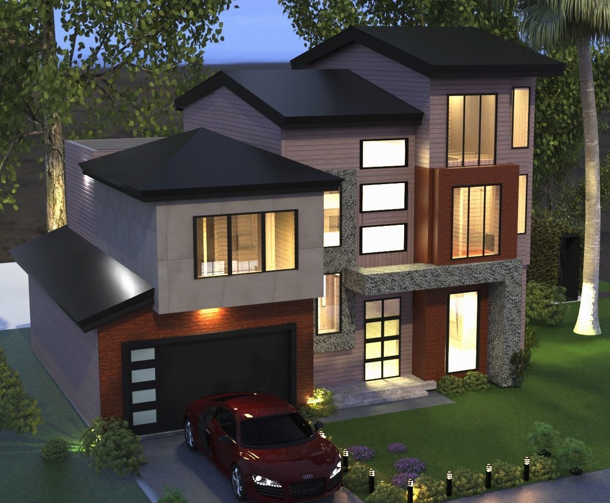 Modern Luxury house Exterior 3D model with environment and a Car Low-poly 3D model_12