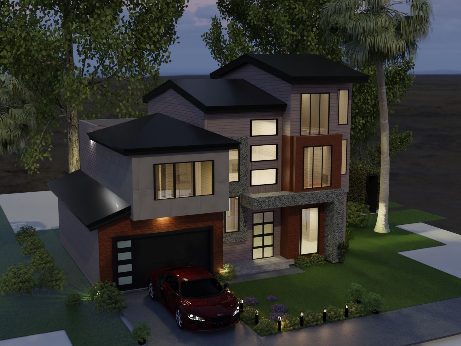 Modern Luxury house Exterior 3D model with environment and a Car Low-poly 3D model_16