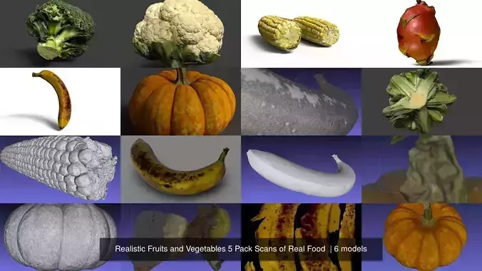 Realistic Fruits and Vegetables 5 Pack Scans of Real Food  3D Model Collection