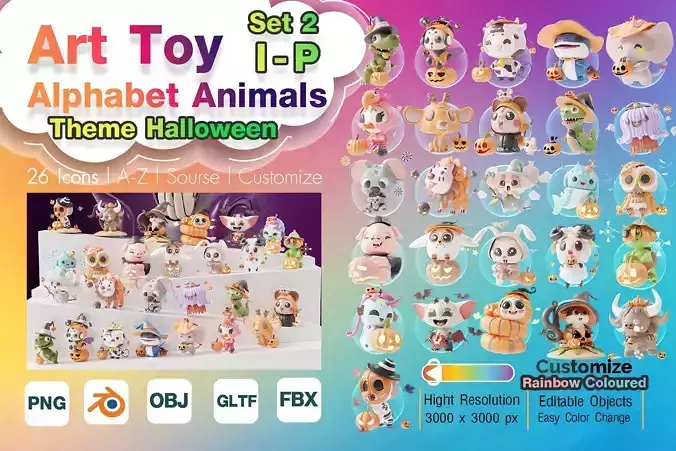 Art Toy Animal Set 2 I-P Halloween Character 3D model Low-poly 3D print model