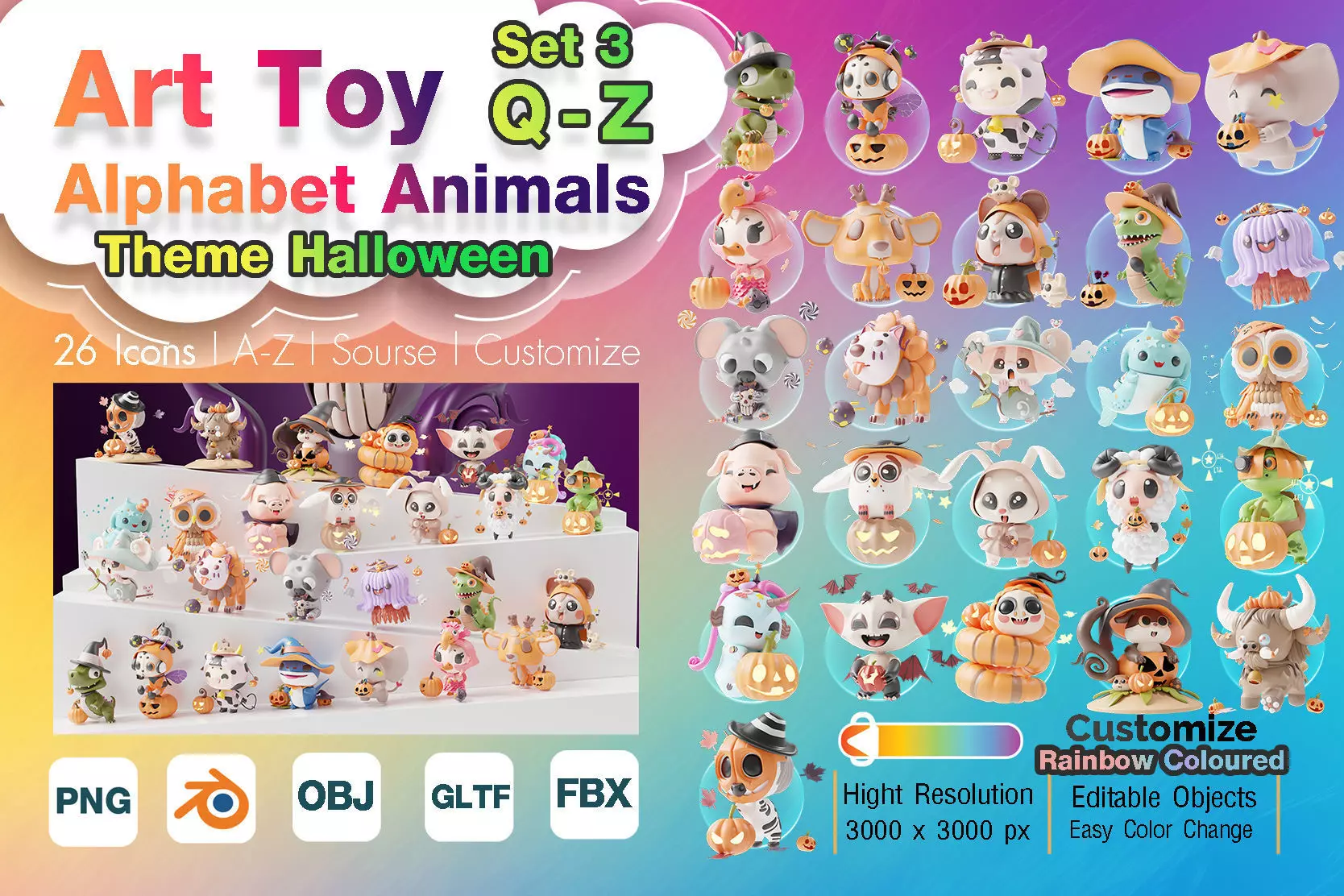 Art Toy Animal Set  3 Q-Z Halloween Character 3D model Low-poly 3D print model_0