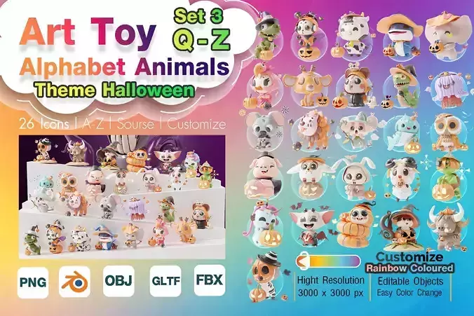 Art Toy Animal Set  3 Q-Z Halloween Character 3D model Low-poly 3D print model Art Toy Animal Set  3 Q-Z Halloween Character 3D model Low-poly 3D print model