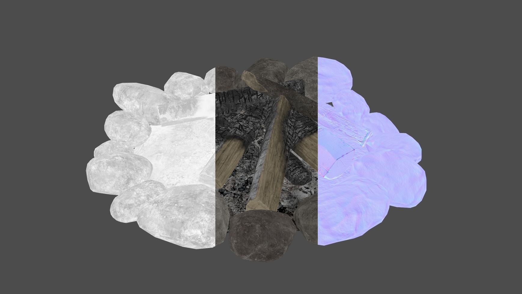 Bonfire with logs and rocks Low-poly 3D model_5