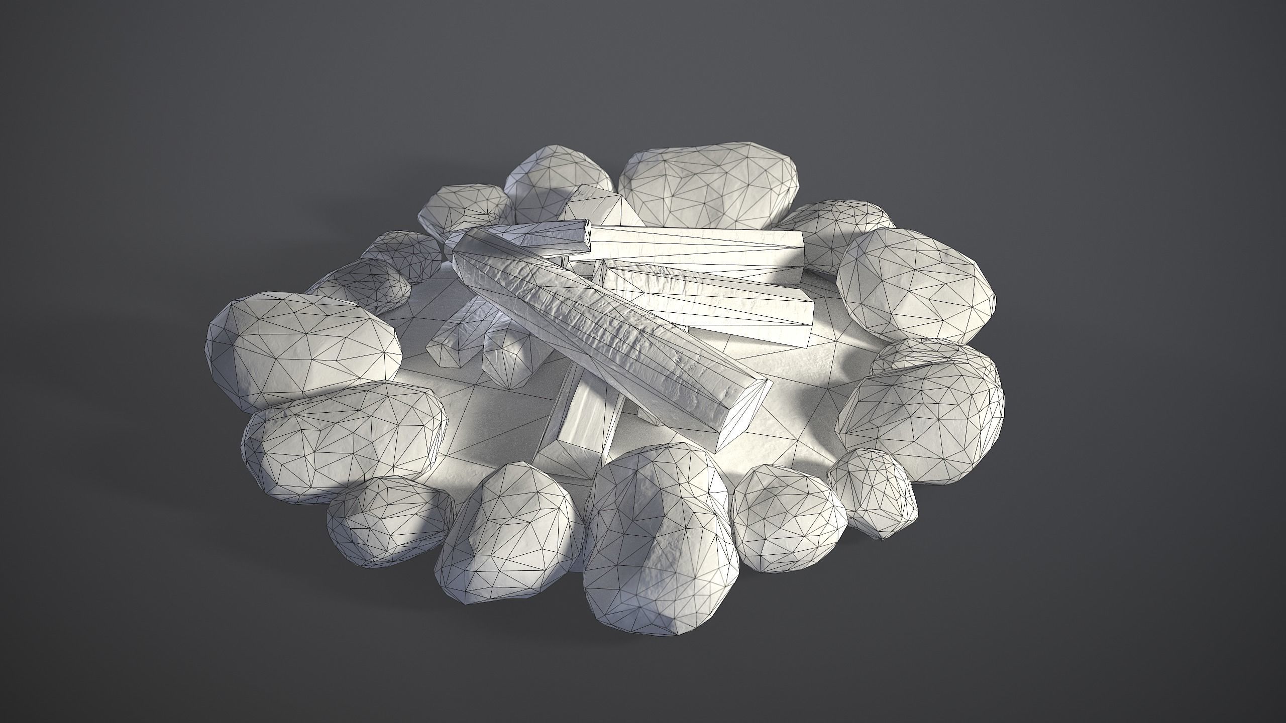 Bonfire with logs and rocks Low-poly 3D model_7