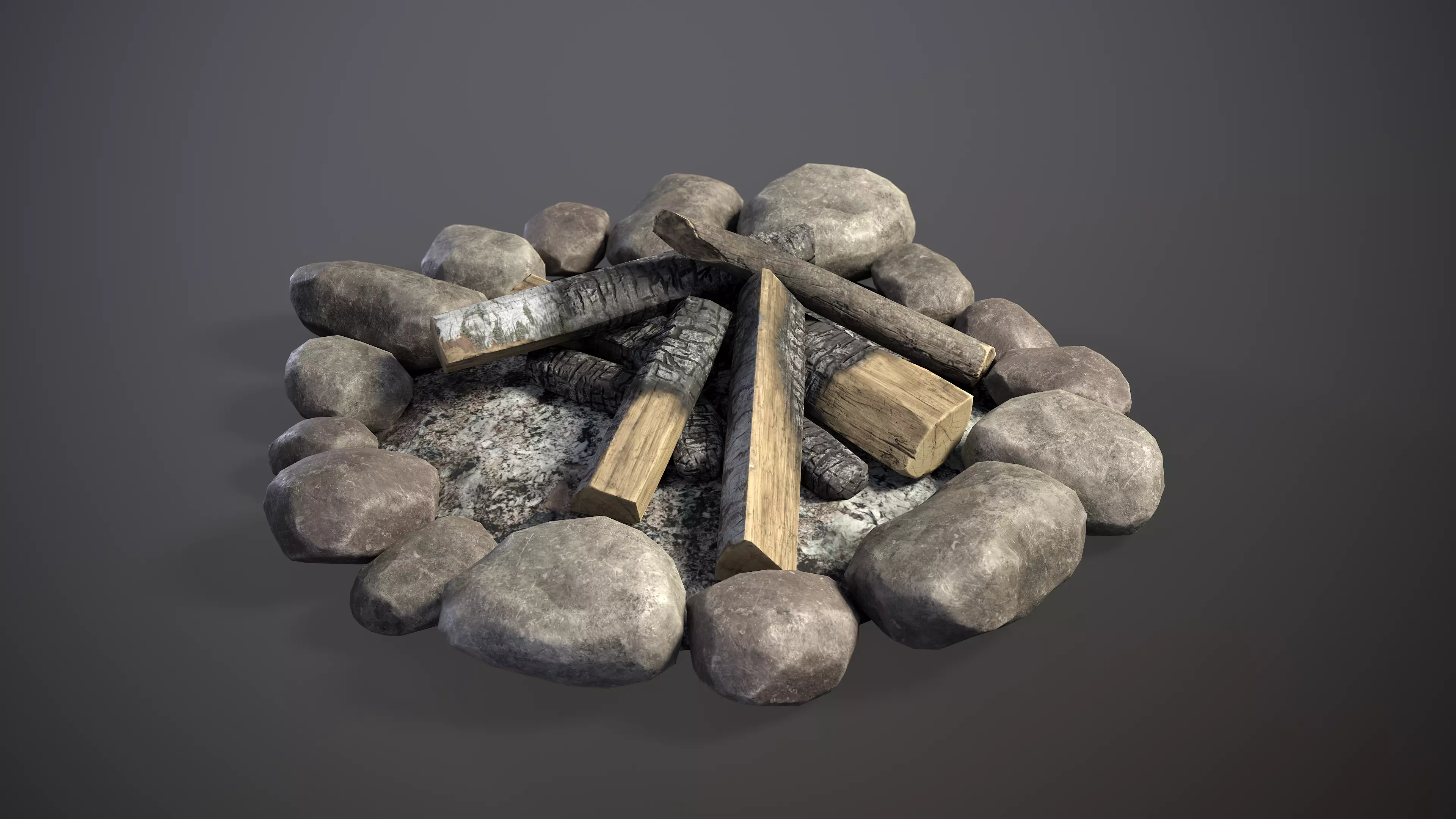 Bonfire with logs and rocks Low-poly 3D model_0