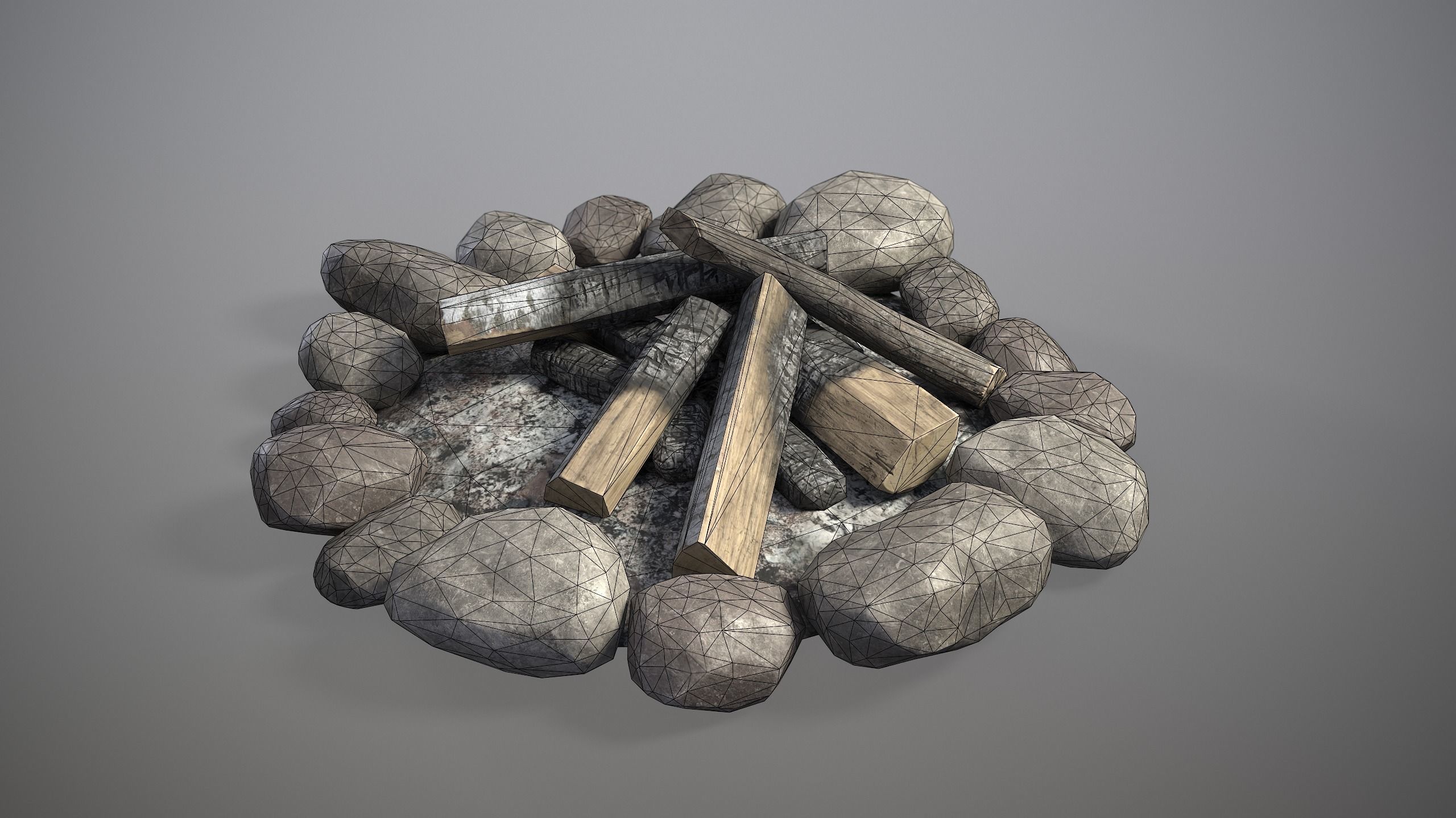 Bonfire with logs and rocks Low-poly 3D model_2