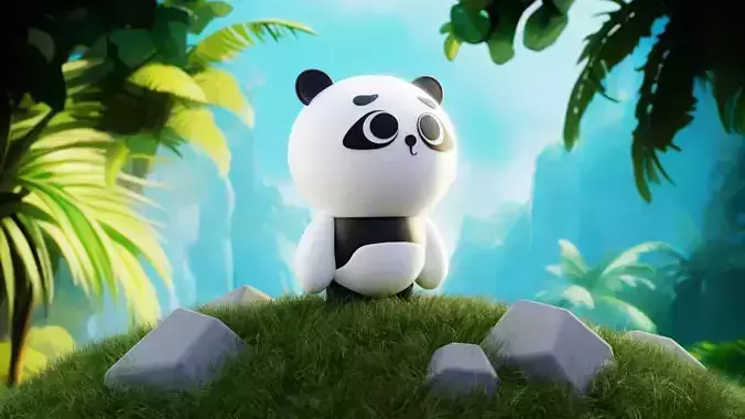 Stylized Panda Character on Grassy Hill - 3D Model