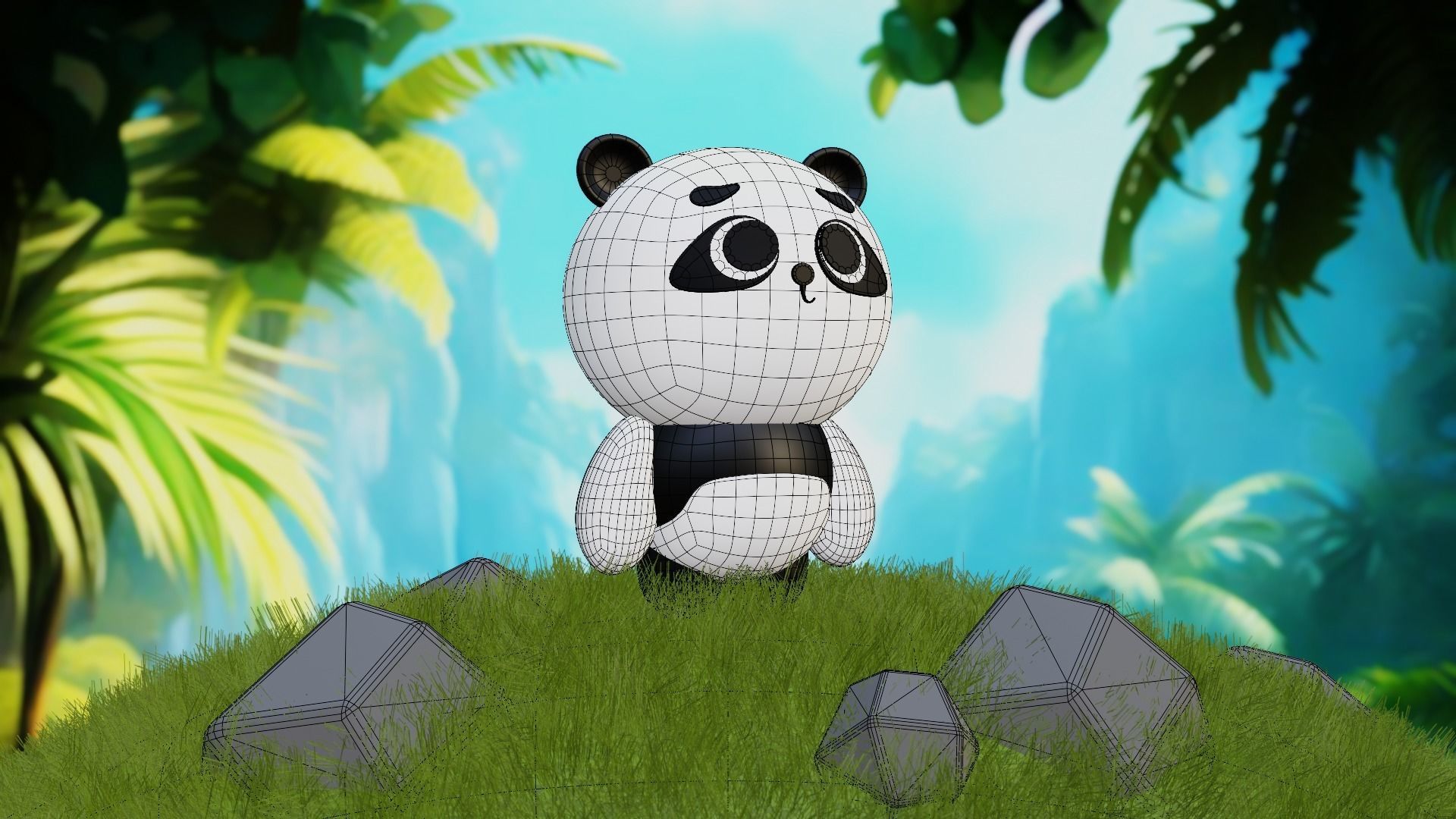 Stylized Panda Character on Grassy Hill - 3D Model 3D model_12