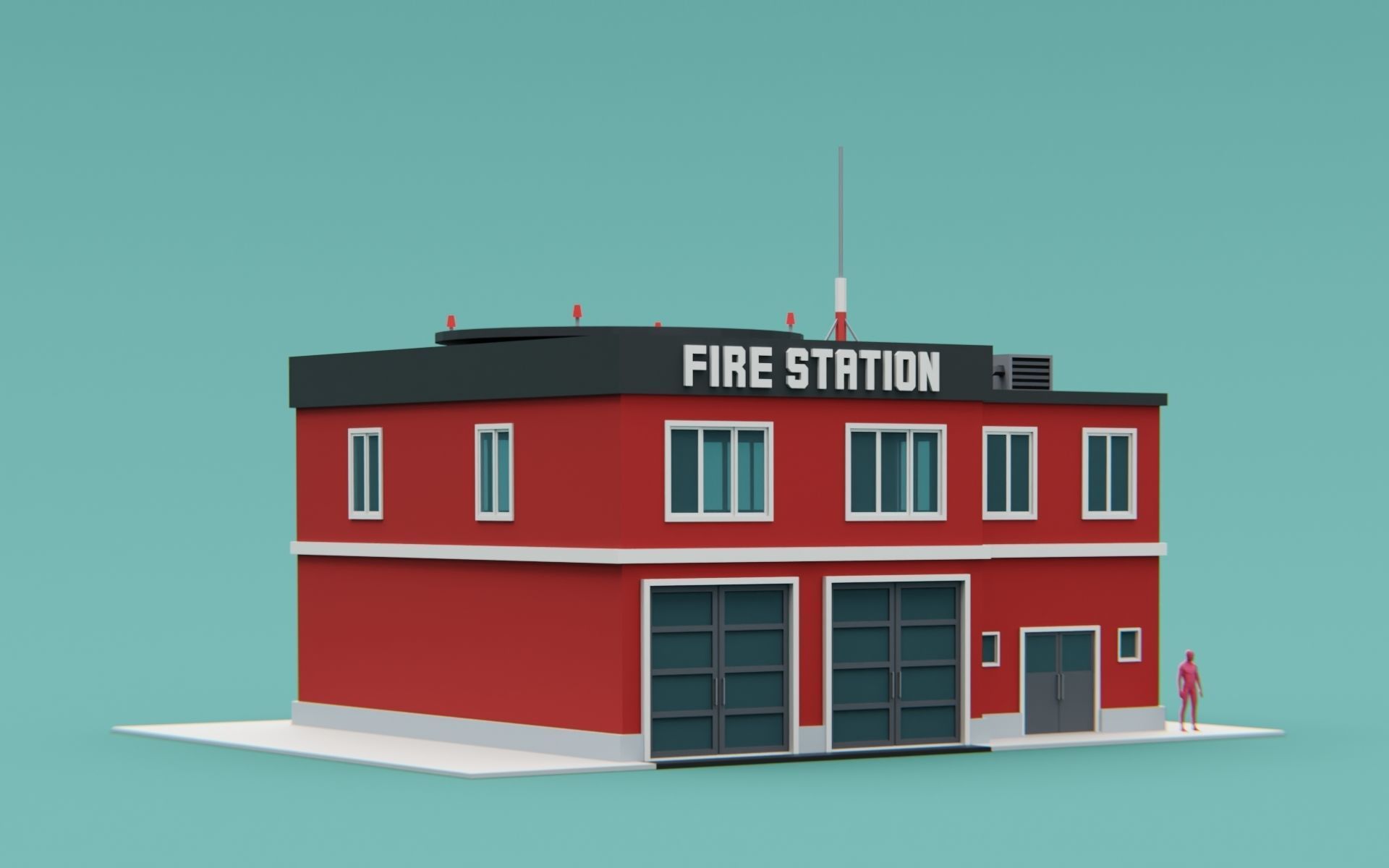 Fire station city building Low-poly 3D model_3