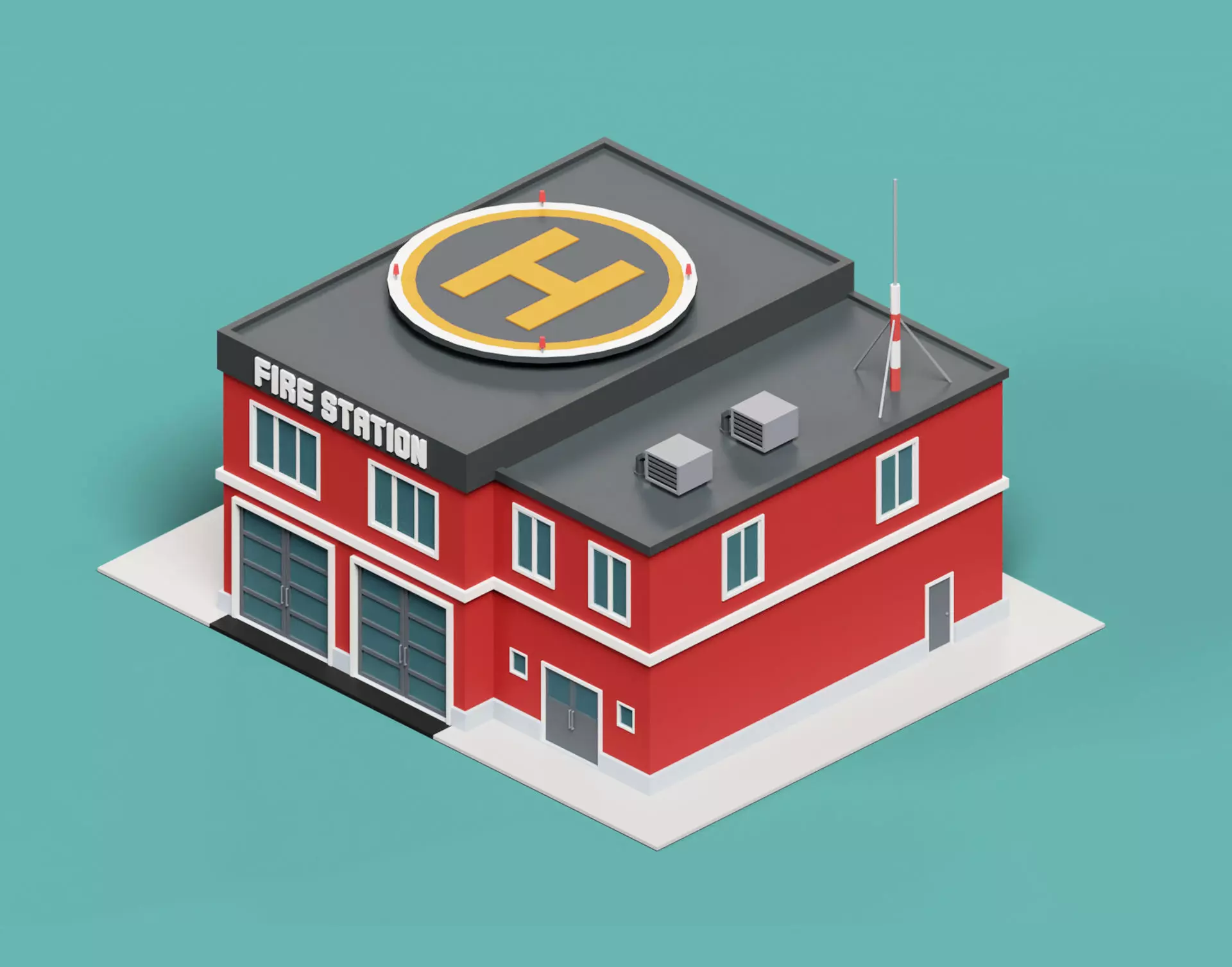 Fire station city building Low-poly 3D model_0