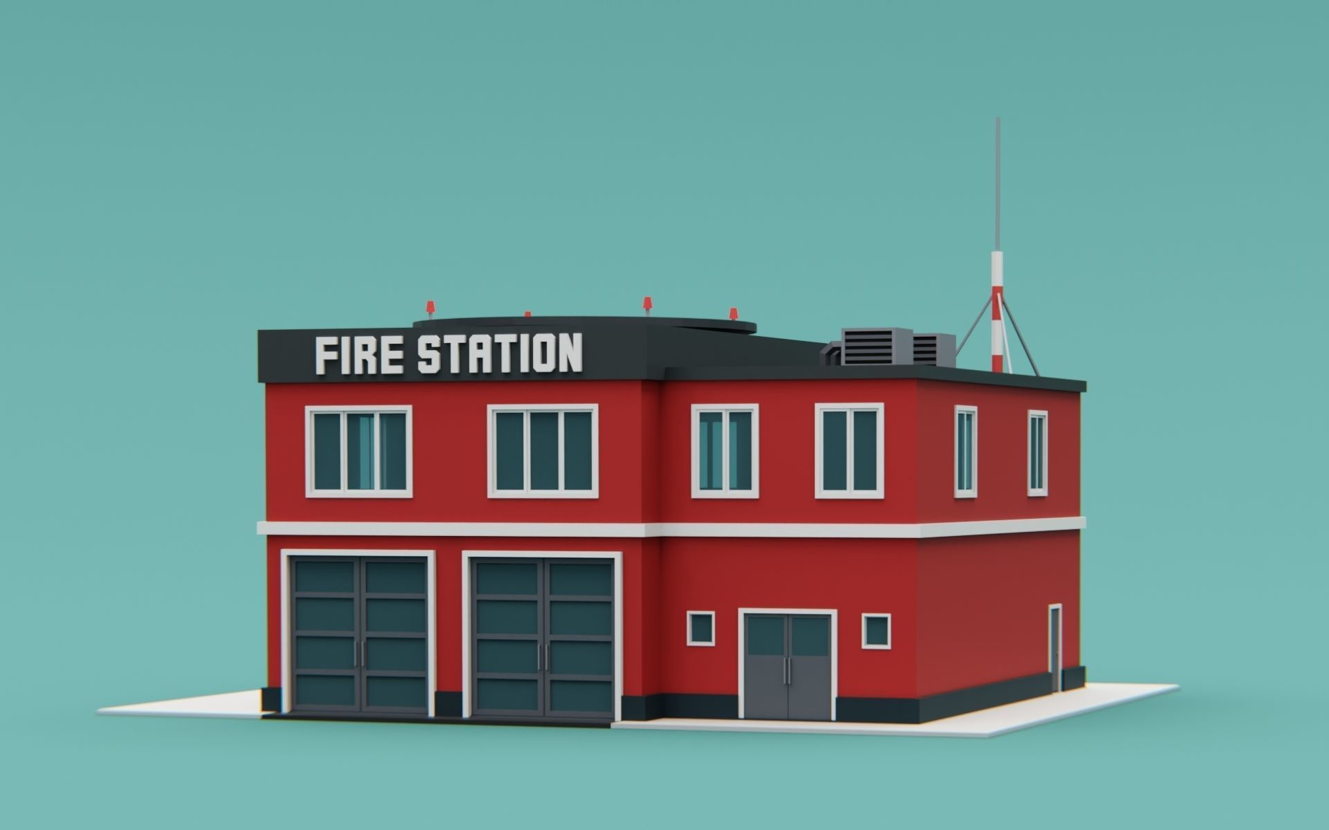 Fire station city building Low-poly 3D model_9