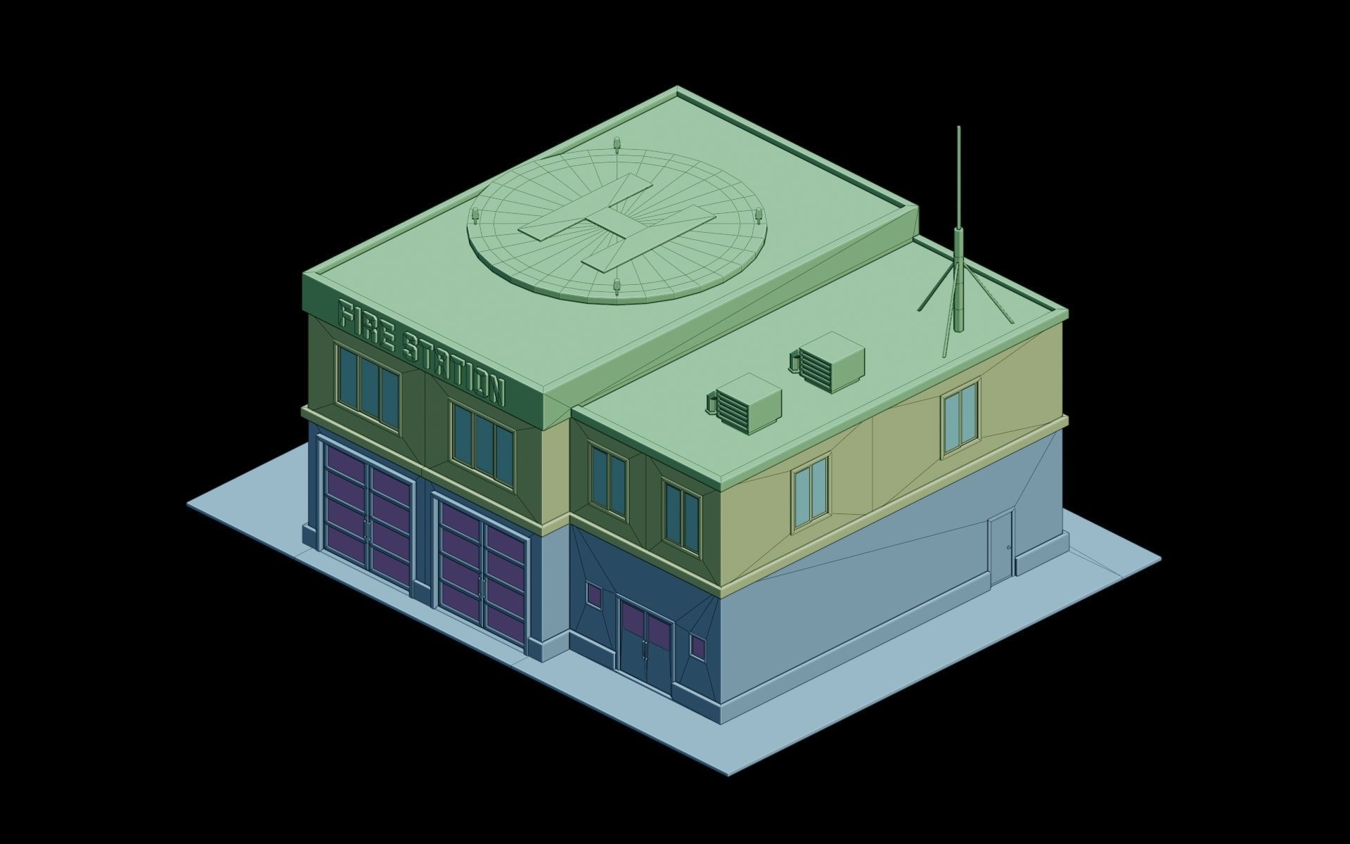 Fire station city building Low-poly 3D model_5