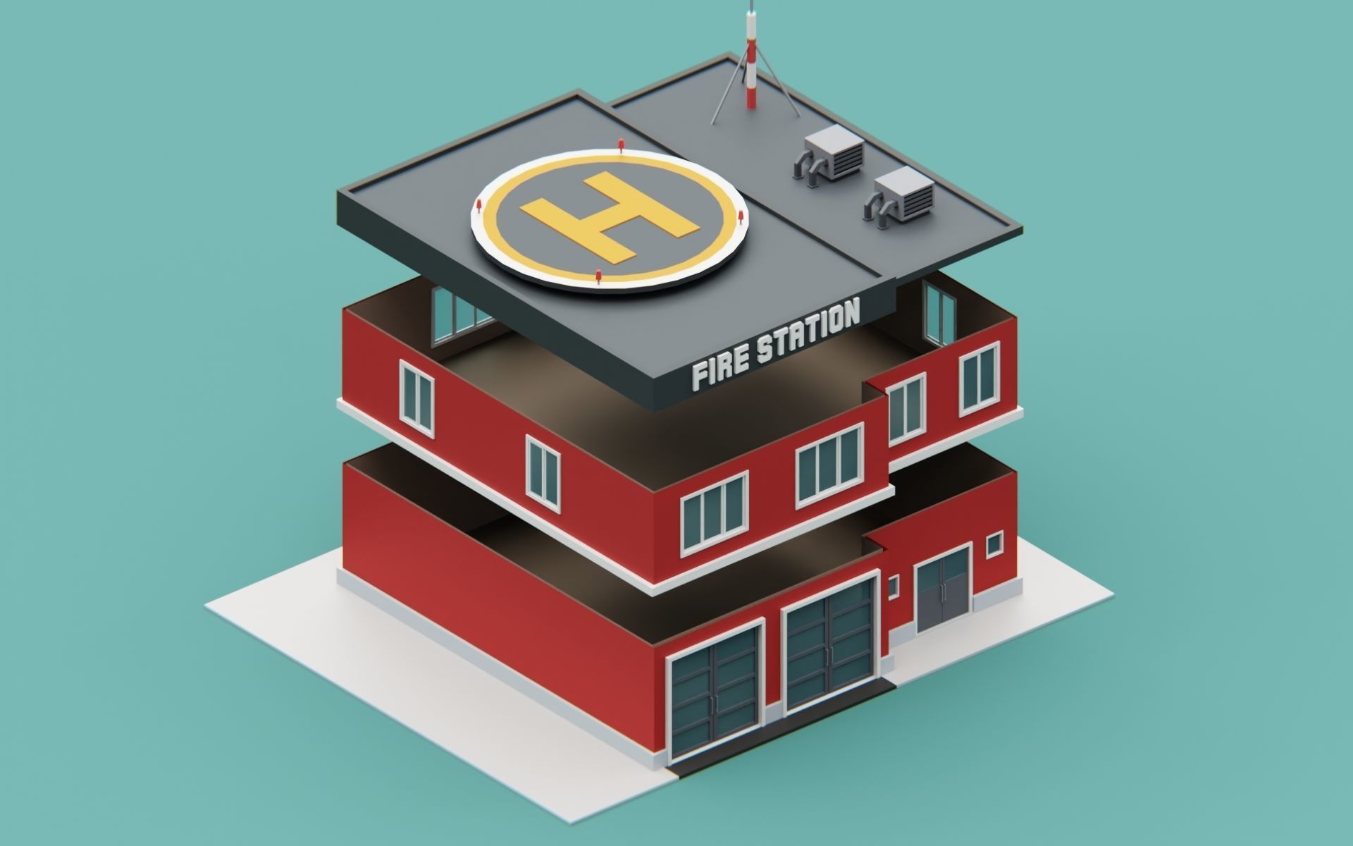 Fire station city building Low-poly 3D model_2
