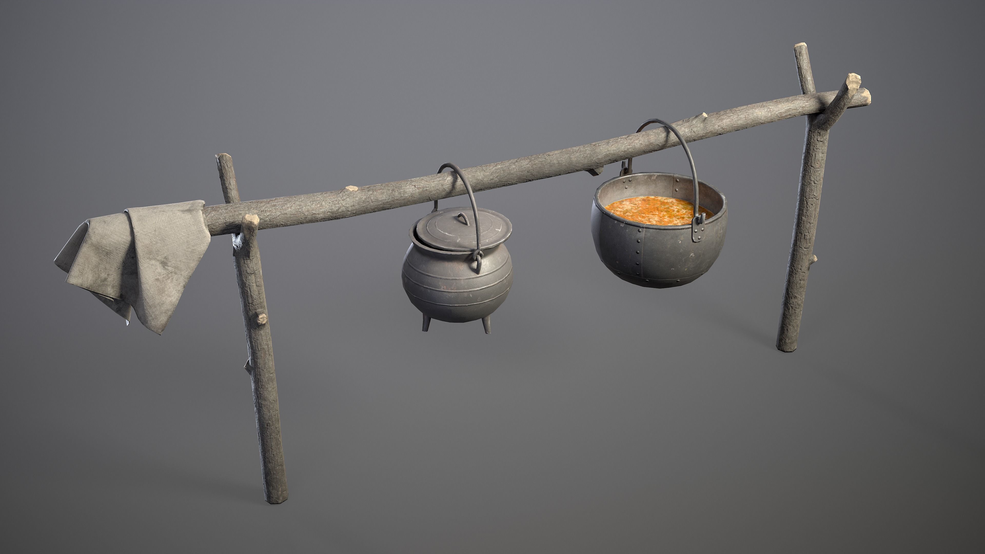 Medieval Hanging Cauldrons for campfire Low-poly 3D model_1