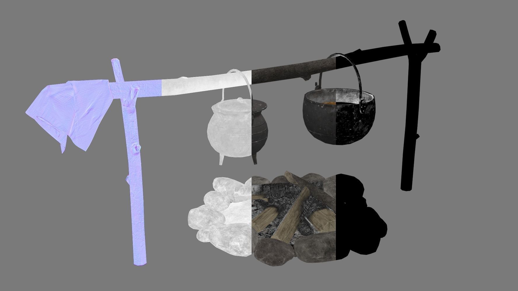 Bonfire with Medieval Hanging Cauldrons Low-poly 3D model_12