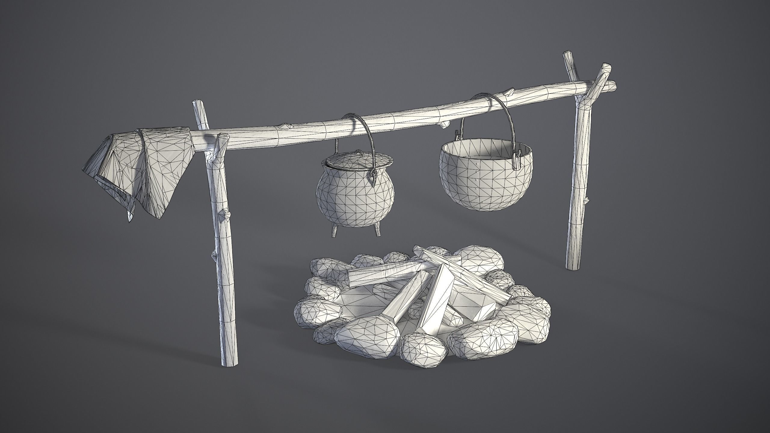 Bonfire with Medieval Hanging Cauldrons Low-poly 3D model_11