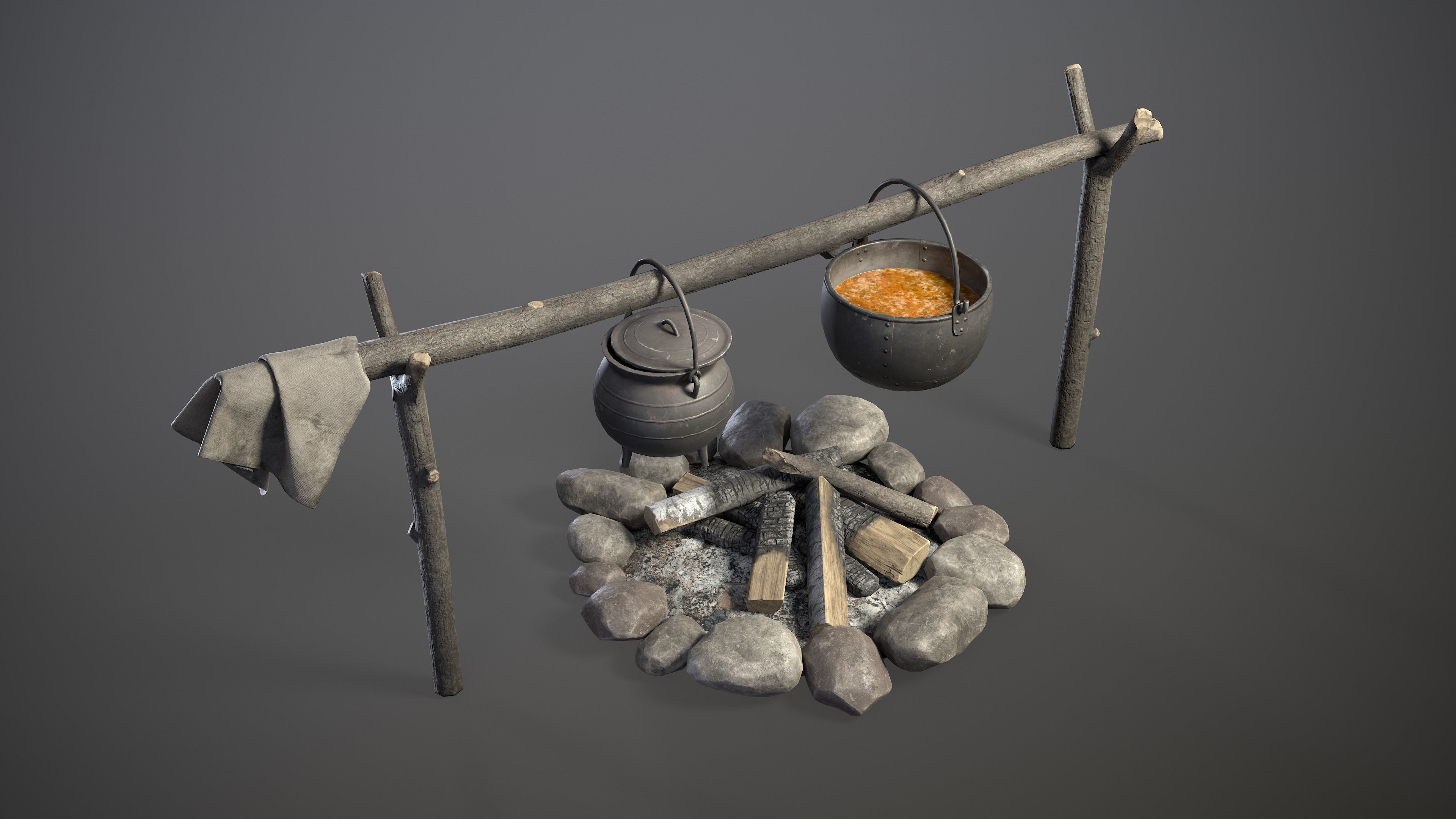 Bonfire with Medieval Hanging Cauldrons Low-poly 3D model_1