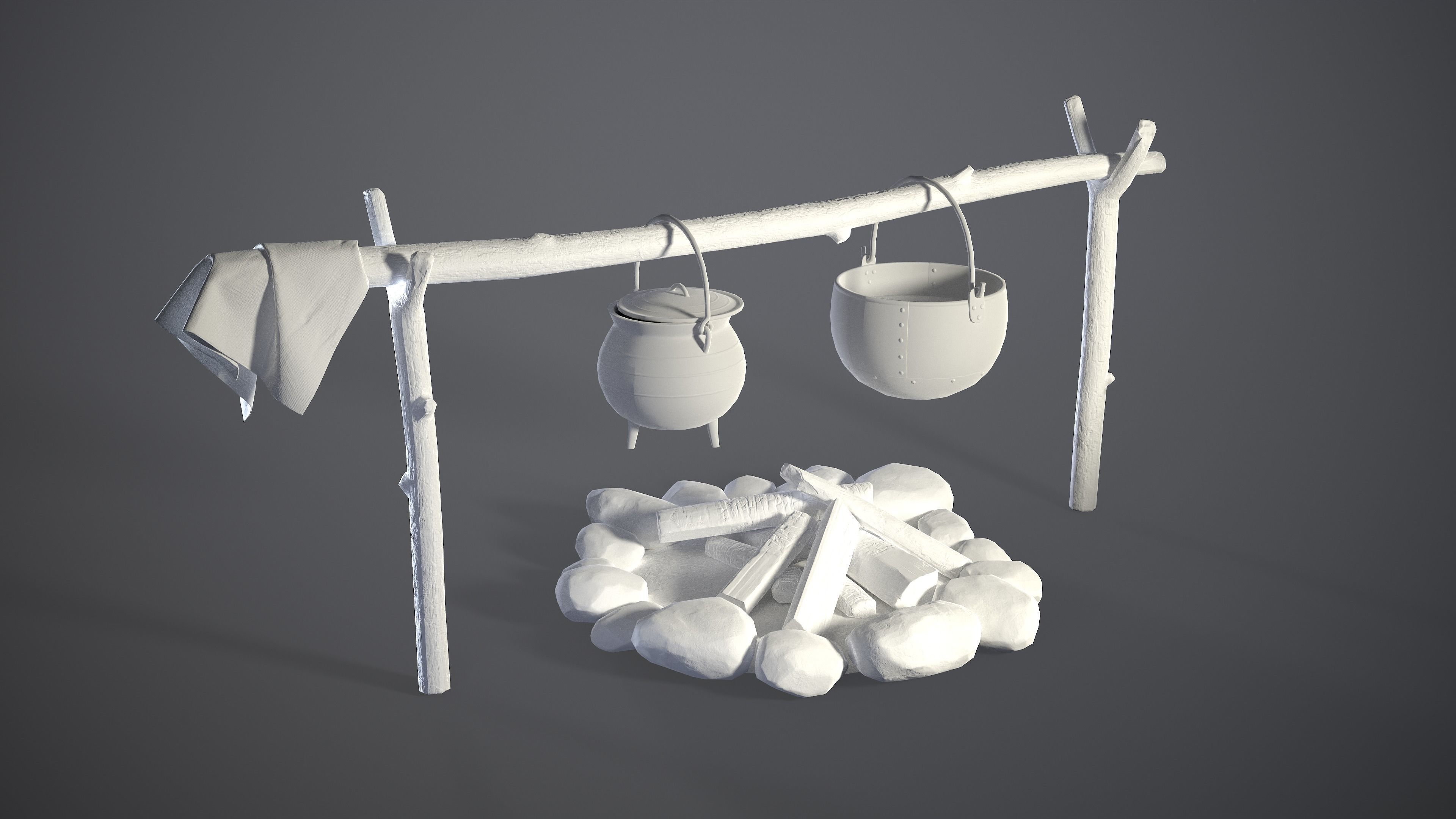 Bonfire with Medieval Hanging Cauldrons Low-poly 3D model_10