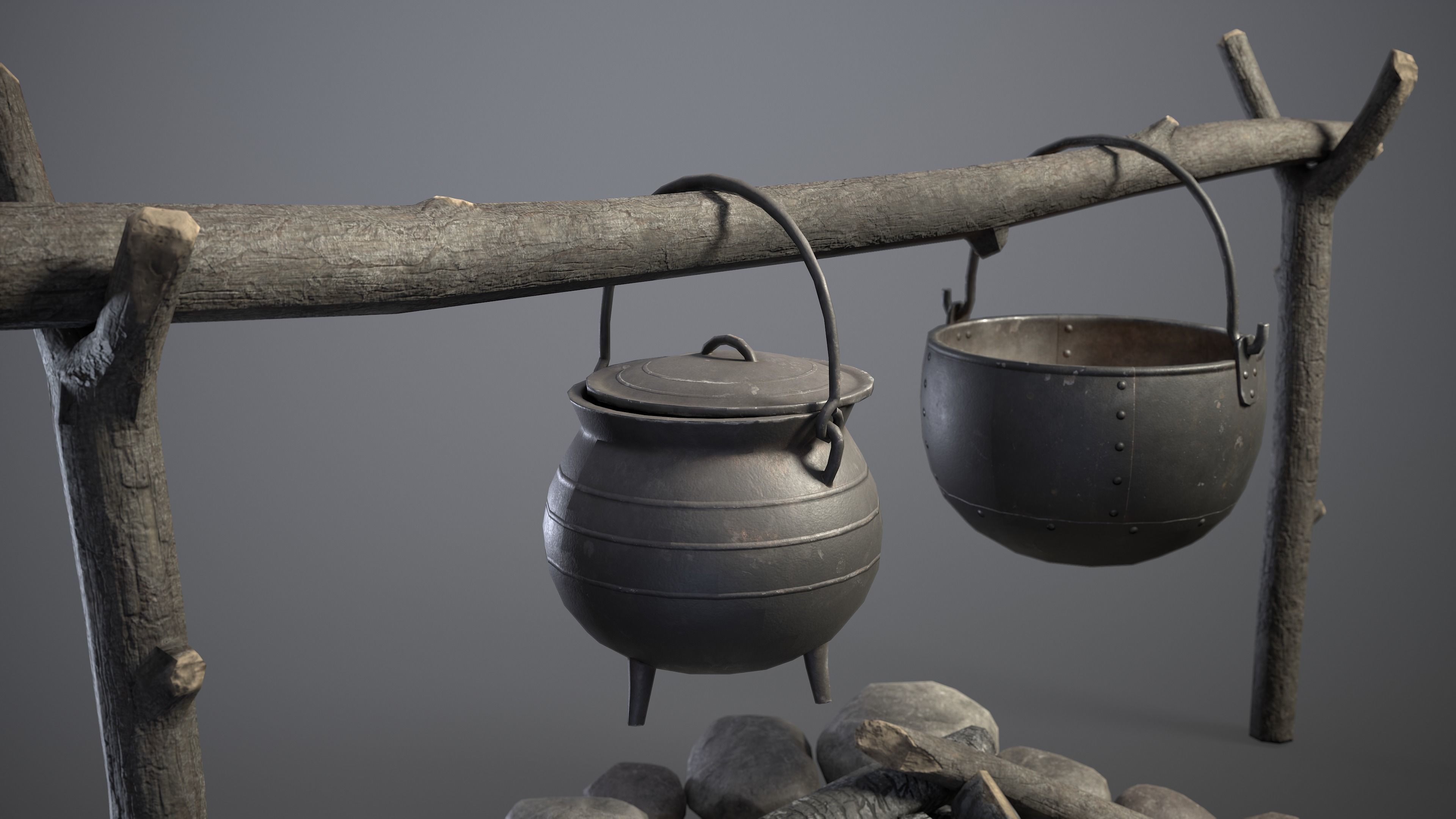 Bonfire with Medieval Hanging Cauldrons Low-poly 3D model_3