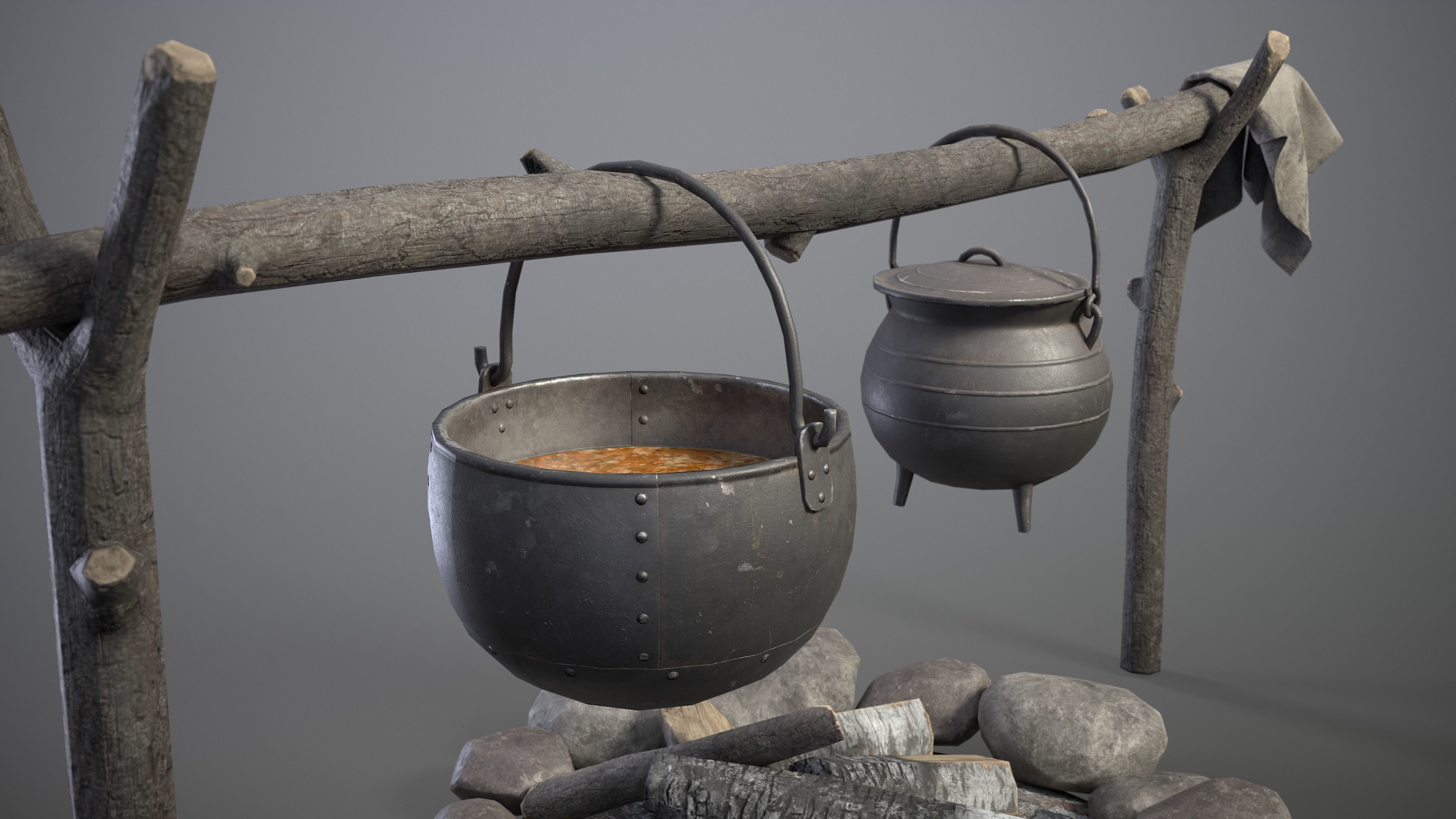 Bonfire with Medieval Hanging Cauldrons Low-poly 3D model_8